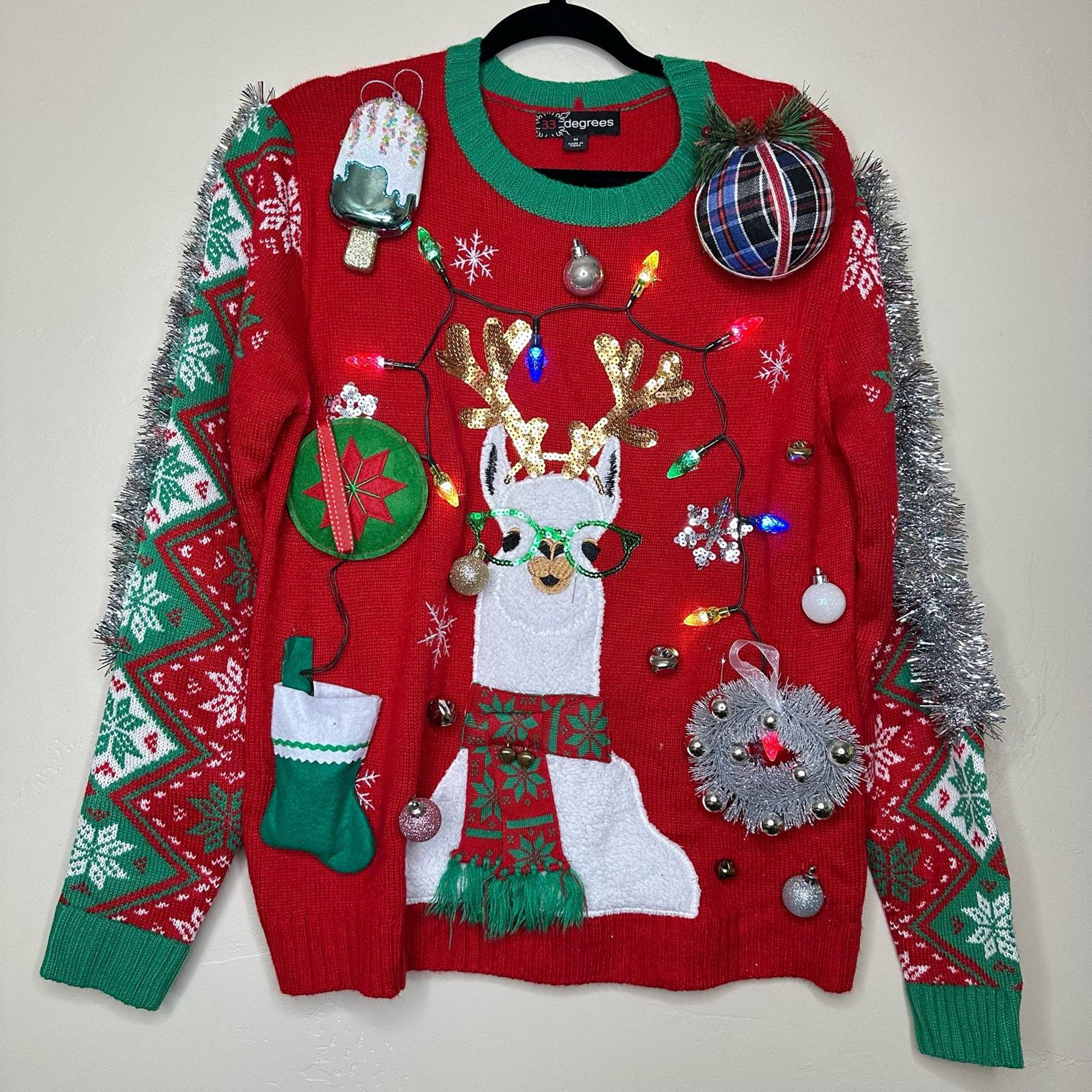 Ugly Christmas Sweater Llama LIGHTS UP Tacky Tinsel Xmas Party Winner Size Medium