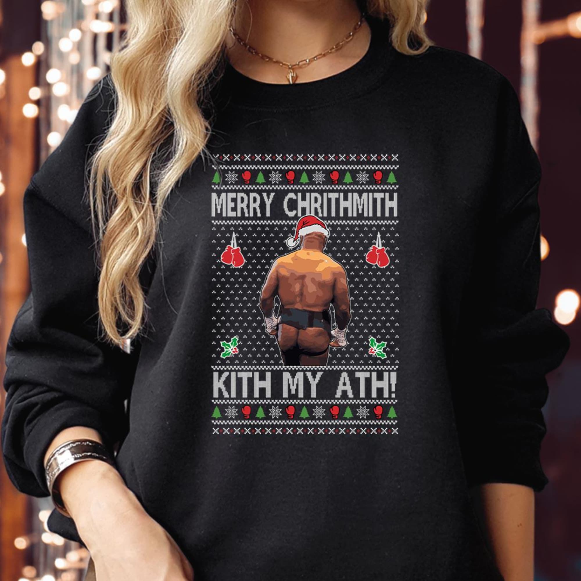Merry Chrithmith Kith My Ath Ugly Sweater, Funny Mike Tyson Boxing Christmas Jumper, Sarcastic Holiday Crewneck Pop Culture Xmas Gift S-5174
