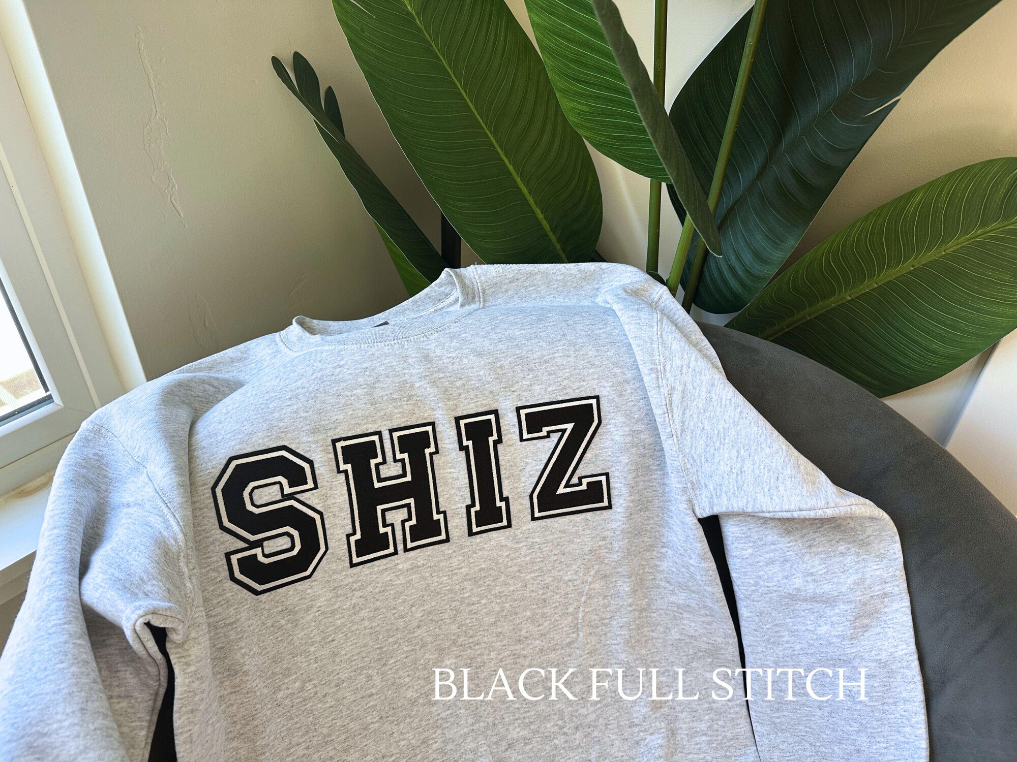 il_2000xN.6573941301_qu6x-1.jpg SHIZ University Sweatshirt Wicked Movie College Crewneck Gray with Pink and Navy Blue Patch Unisex Christmas Gift Broadway Fan Movie Premier