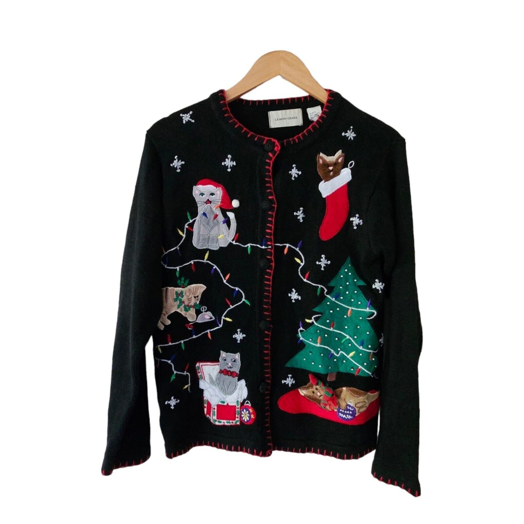 Vintage LEMON GRASS Cardigan Sweater Cat Christmas Cat Lady SMALL