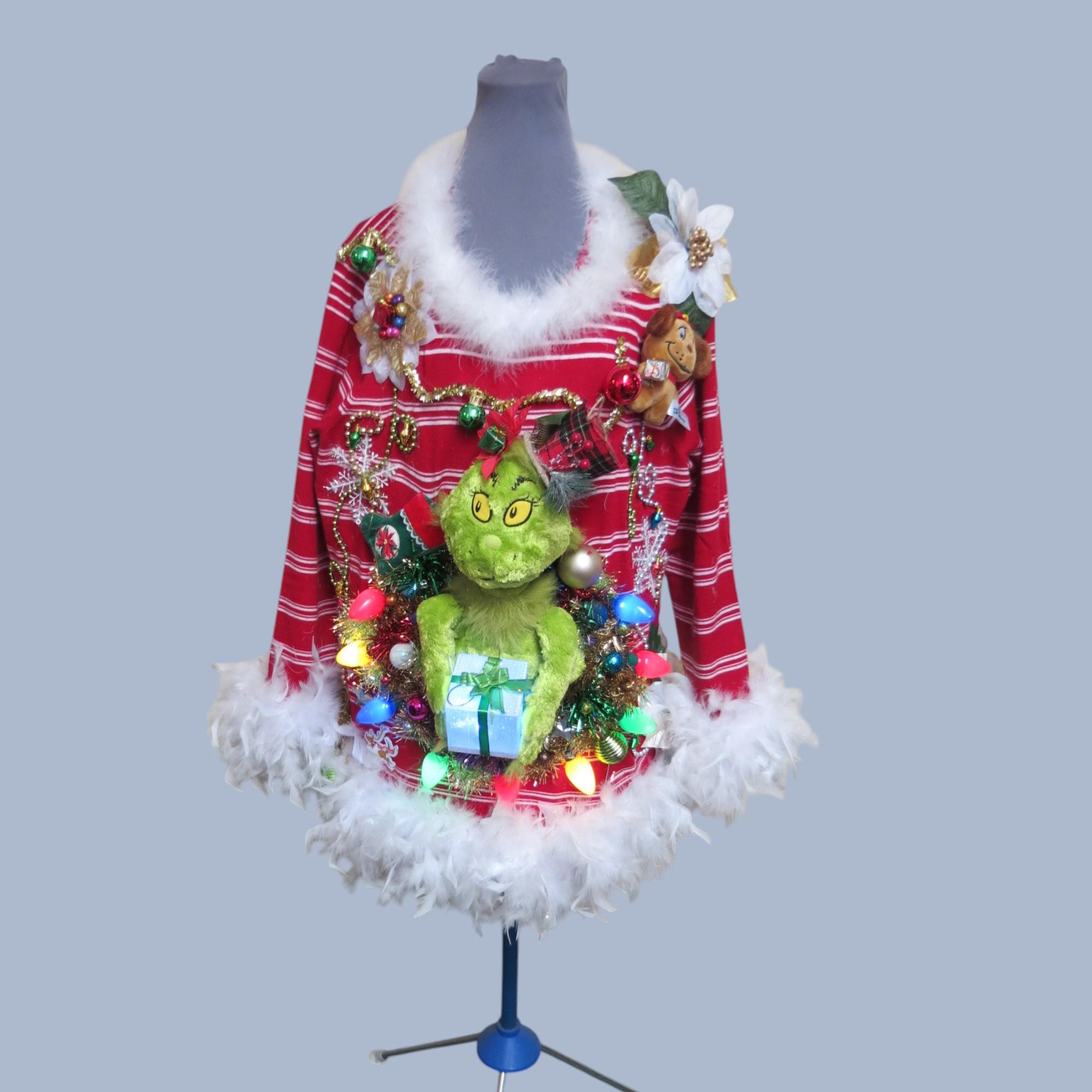 Hysterical Double sided Tacky Ugly Christmas Sweater,  Festive Fun,  Feather Boa Trim FooFoo, Womens 1X, Candy Cane Funny