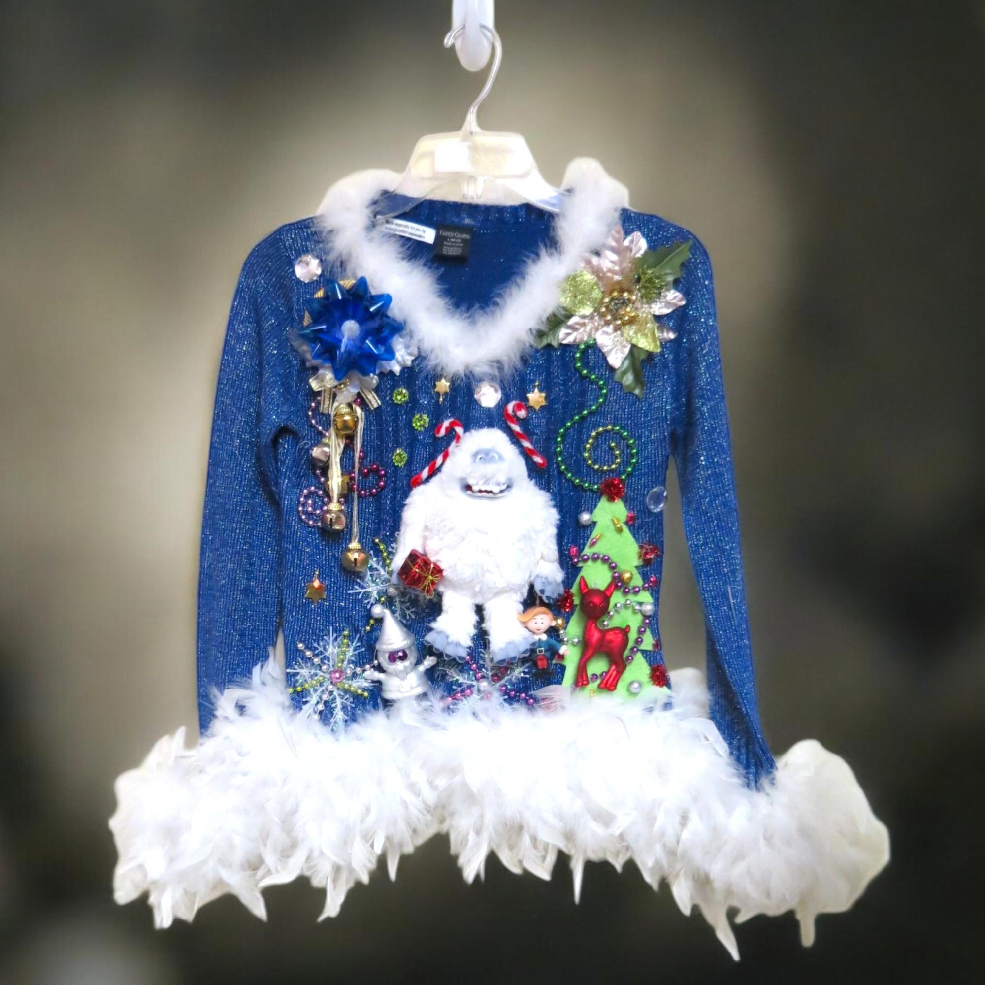 Festive Abominable Snowman Sweater  Tacky Ugly Christmas Sweater, sweater youth Large, womens XS  Yeti Sweater