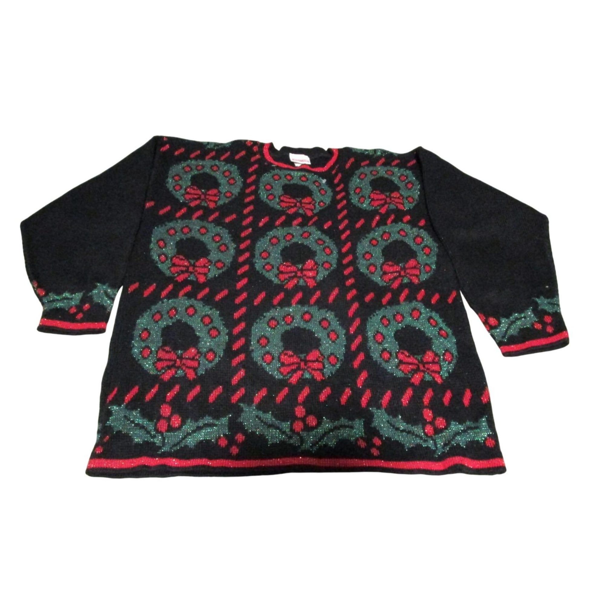 Vintage Ugly Christmas Sweater Festive Metallic Wreaths Holly GUC Med GUC