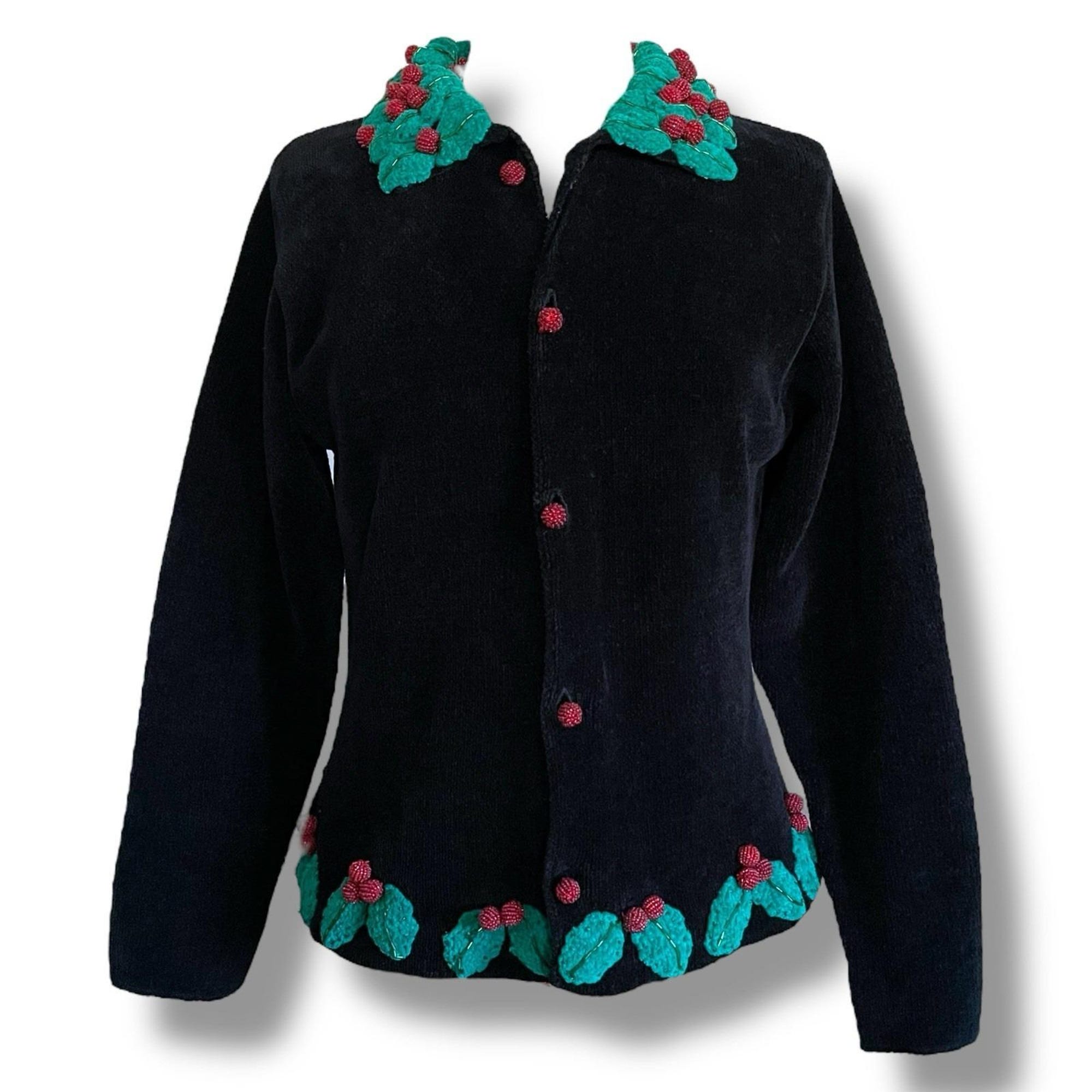 Vintage 90’s Belle Pointe Women’s Christmas Cardigan /Size Medium /Black Chenille Beaded 3D Dimensional Knit Sweater /Ugly Christmas Sweater
