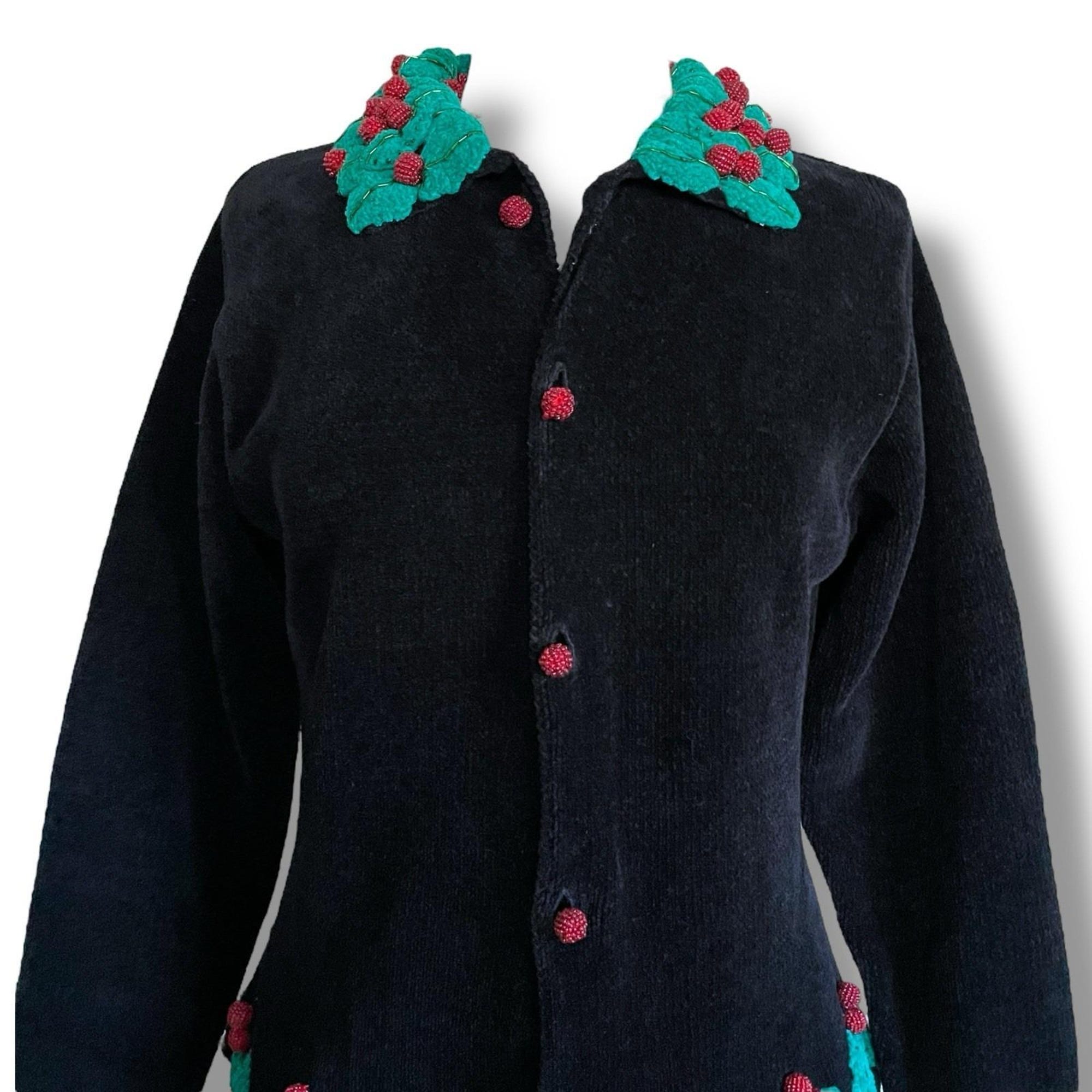 il_2000xN.6726286054_46ka.jpg Vintage 90's Belle Pointe Women's Christmas Cardigan /Size Medium /Black Chenille Beaded 3D Dimensional Knit Sweater /Ugly Christmas Sweater