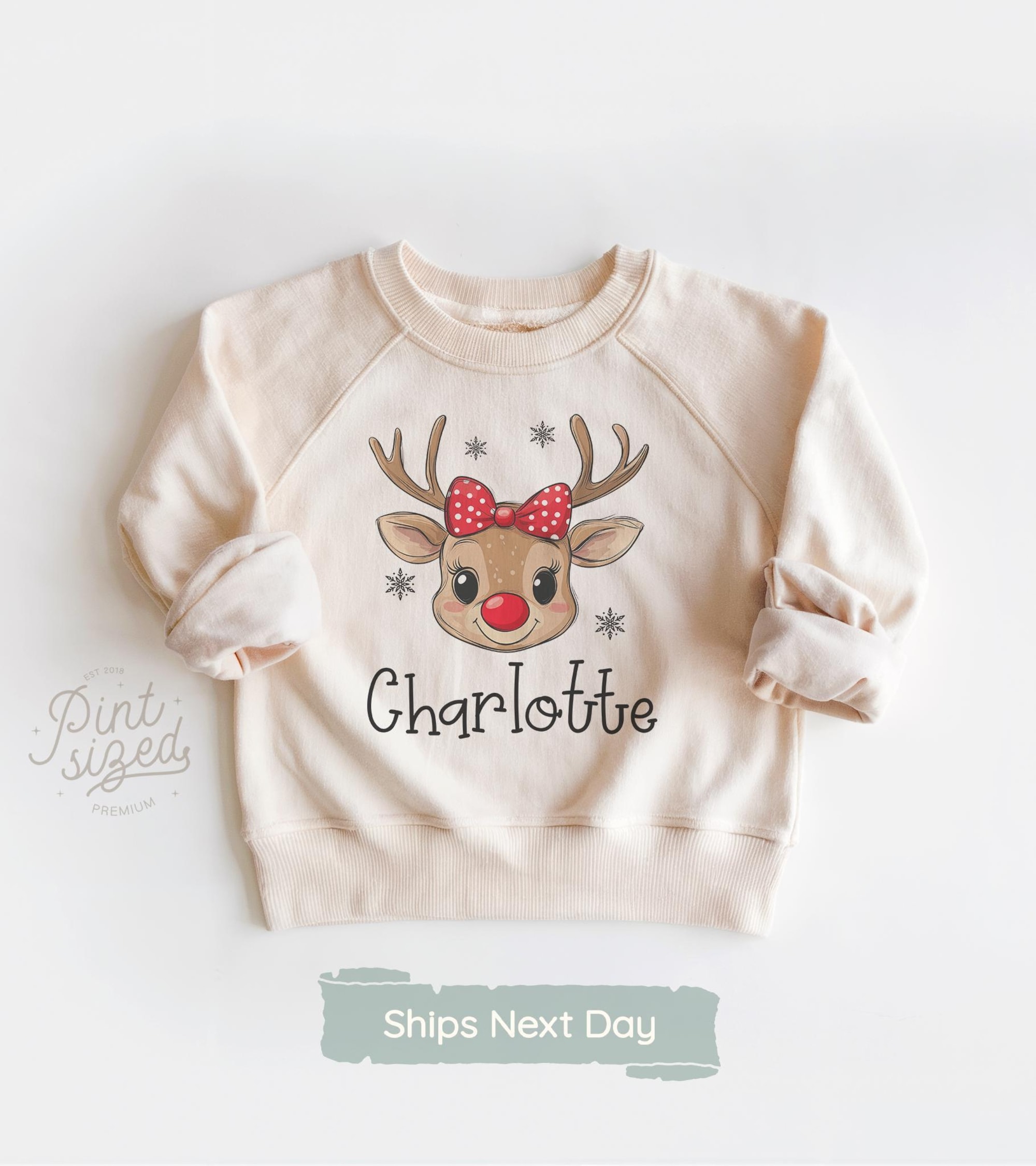 Personalized Girls Christmas Shirt  – Girls Reindeer Name Toddler Shirt – Custom Retro Xmas Natural Girls Tee – Cute Holiday Girls Shirt