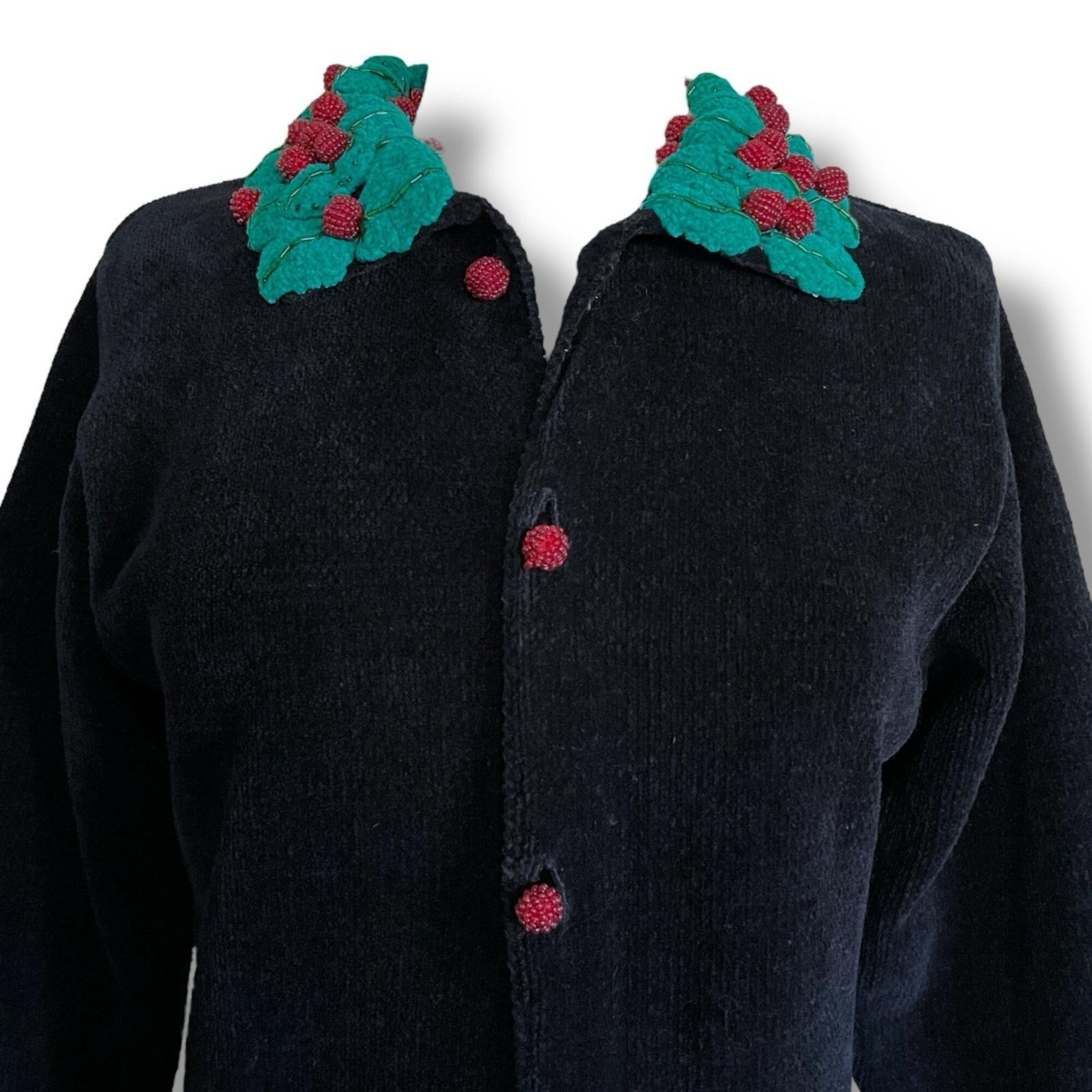 il_2000xN.6774312865_c5it.jpg Vintage 90's Belle Pointe Women's Christmas Cardigan /Size Medium /Black Chenille Beaded 3D Dimensional Knit Sweater /Ugly Christmas Sweater