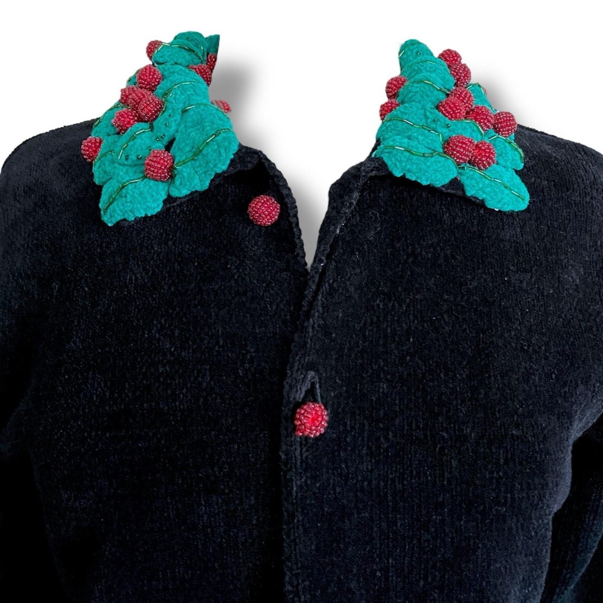 il_2000xN.6774312911_g7u2.jpg Vintage 90's Belle Pointe Women's Christmas Cardigan /Size Medium /Black Chenille Beaded 3D Dimensional Knit Sweater /Ugly Christmas Sweater