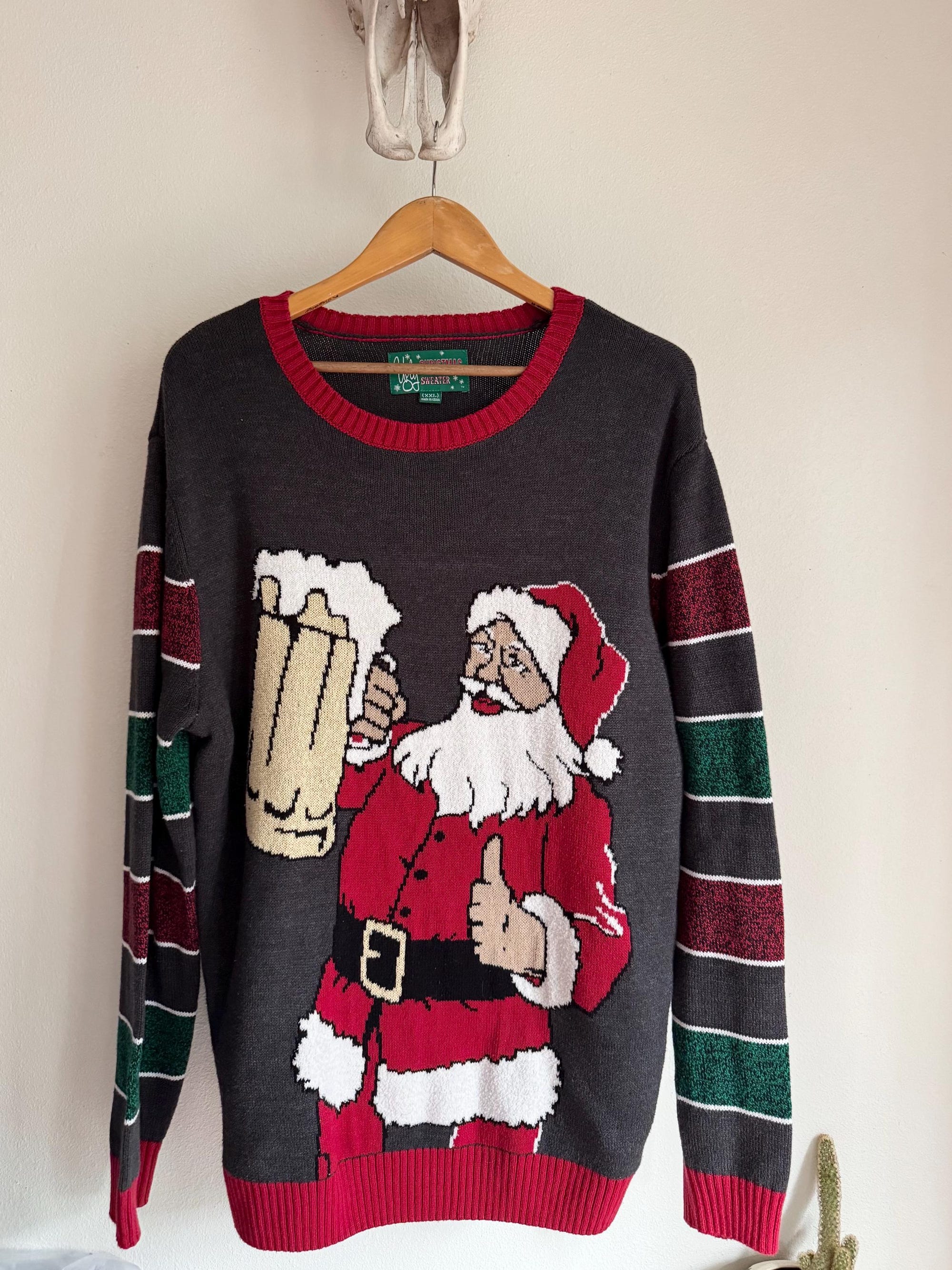 Men’s Size XXL  Ugly Christmas Sweater Santa with Beer Heather Black.
