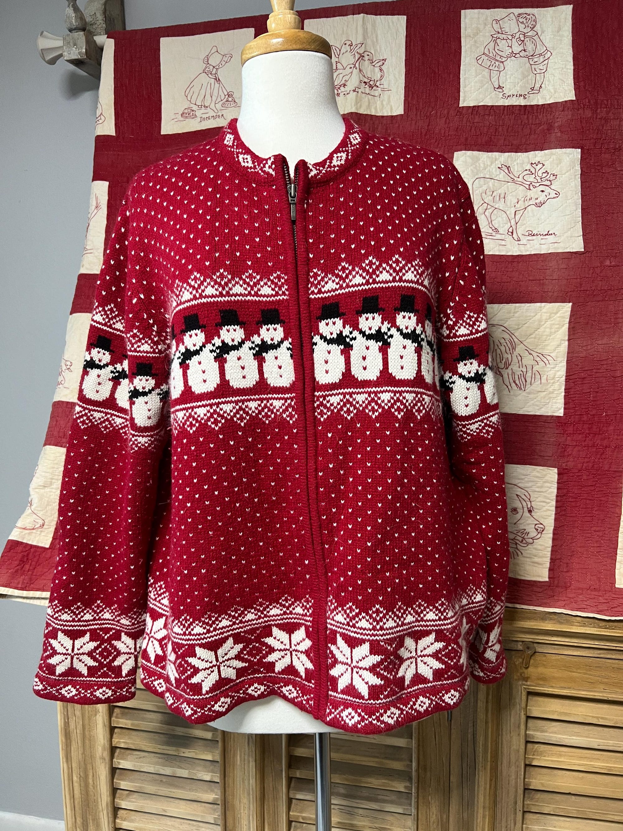 Gently worn, Ugly Christmas cardigan sweater – Red with snowmen  – Size XLarge – 1990s
