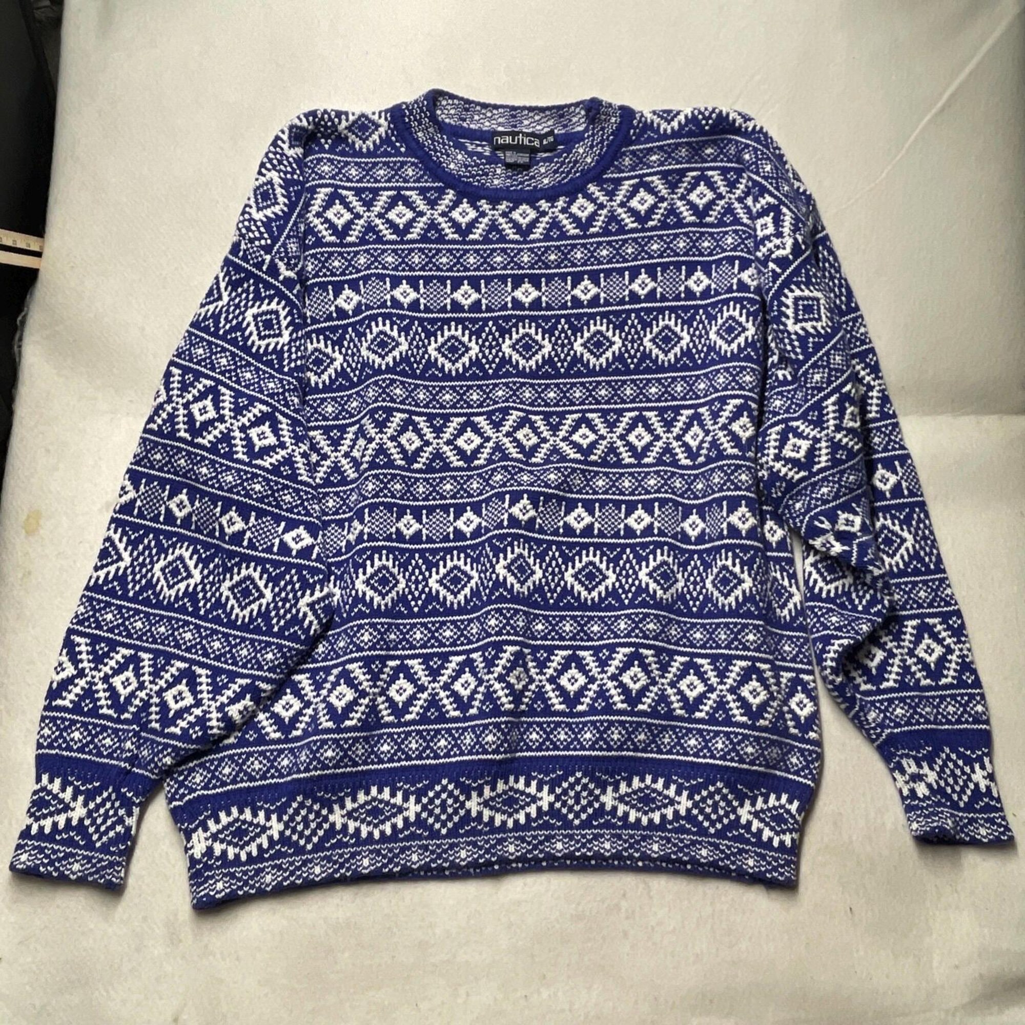 VTG Nautica Fair Isle Style Sweater Blue Baggy Geometric Holiday Christmas XL