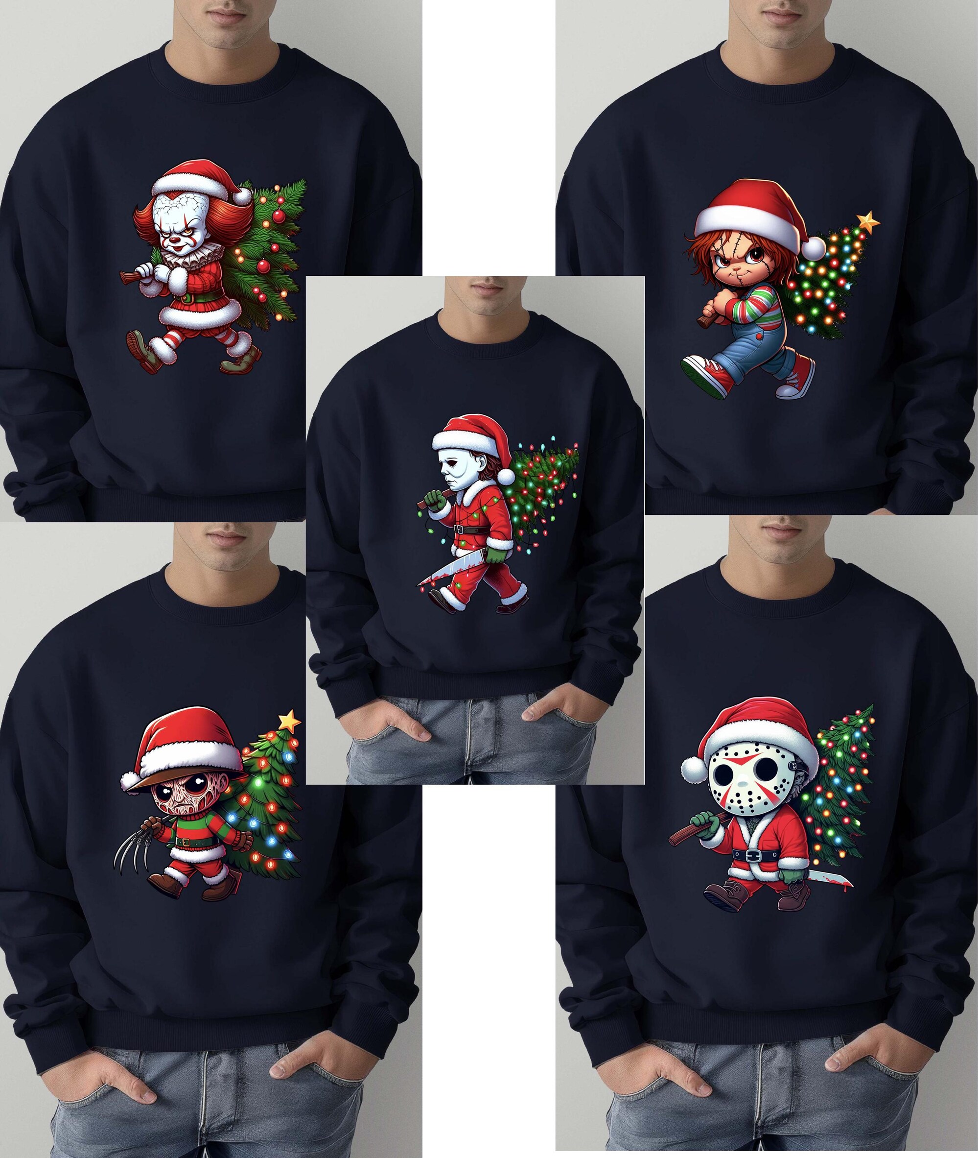 Horror Movie Characters Christmas Tree Sweatshirt, Chucky Freddy Jason Pennywise Michael Myers Santa Hoodie, Merry Creepmas Crewneck