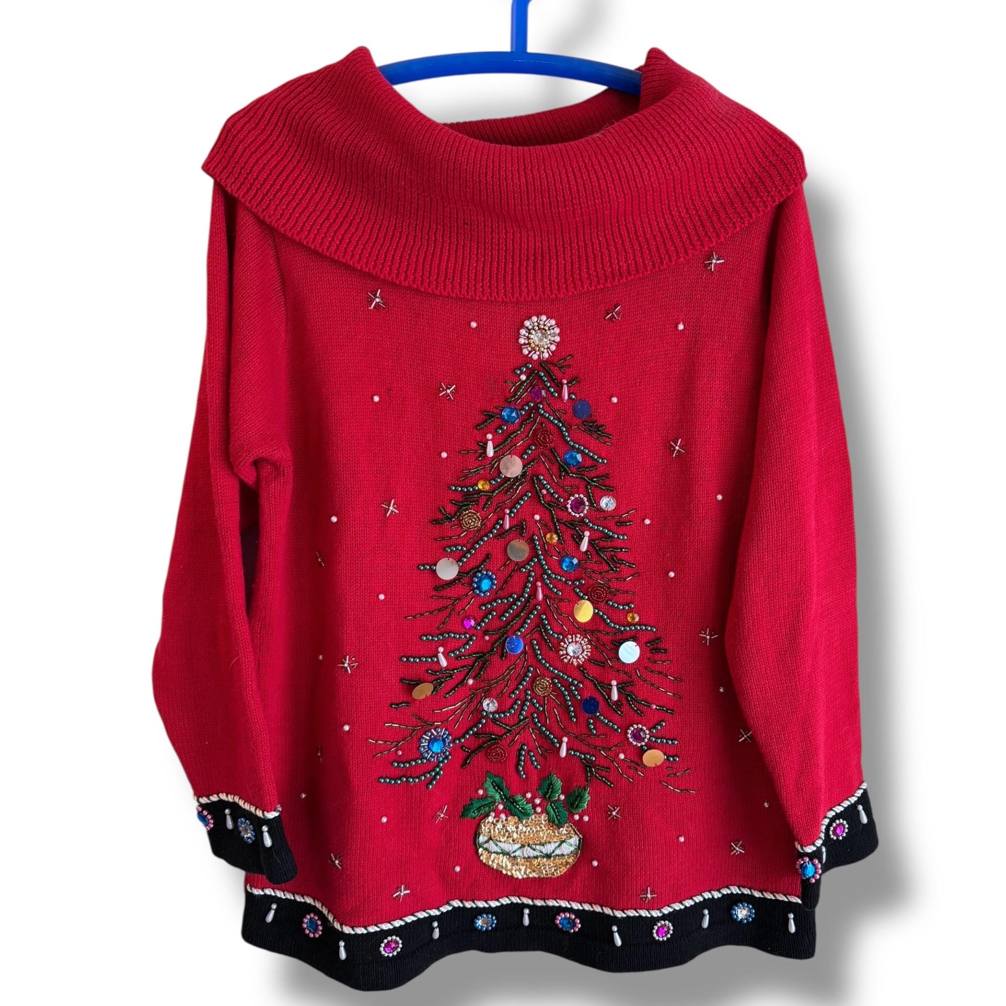 Festive Vintage 90s Victoria Jones Ugly Christmas Sweater – Red Turtleneck with Beaded Christmas Tree, Women’s Medium