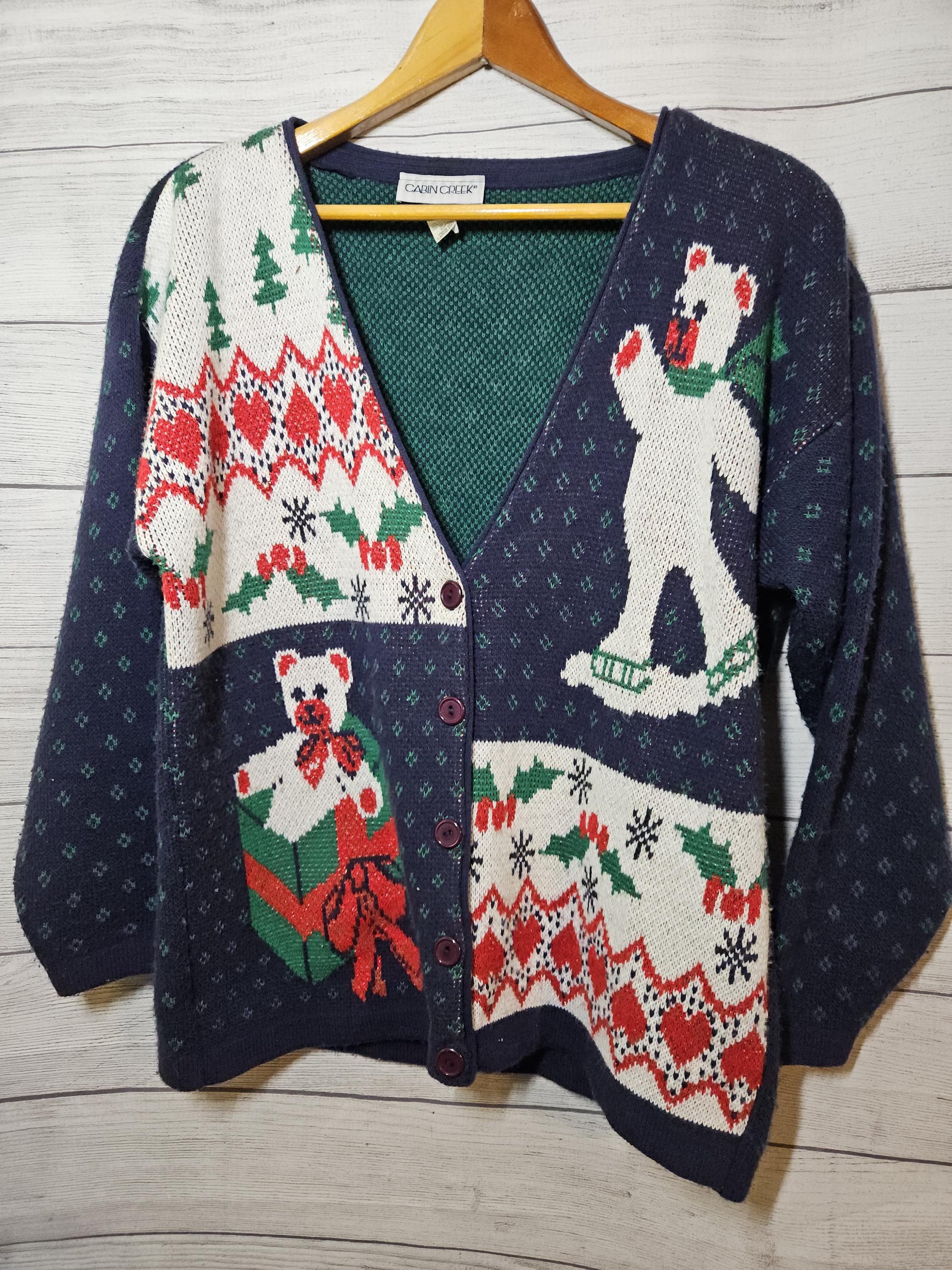 Vtg Cabin Creek Christmas Cardigan Sweater – Women’s LARGE -Blue/Green/Red