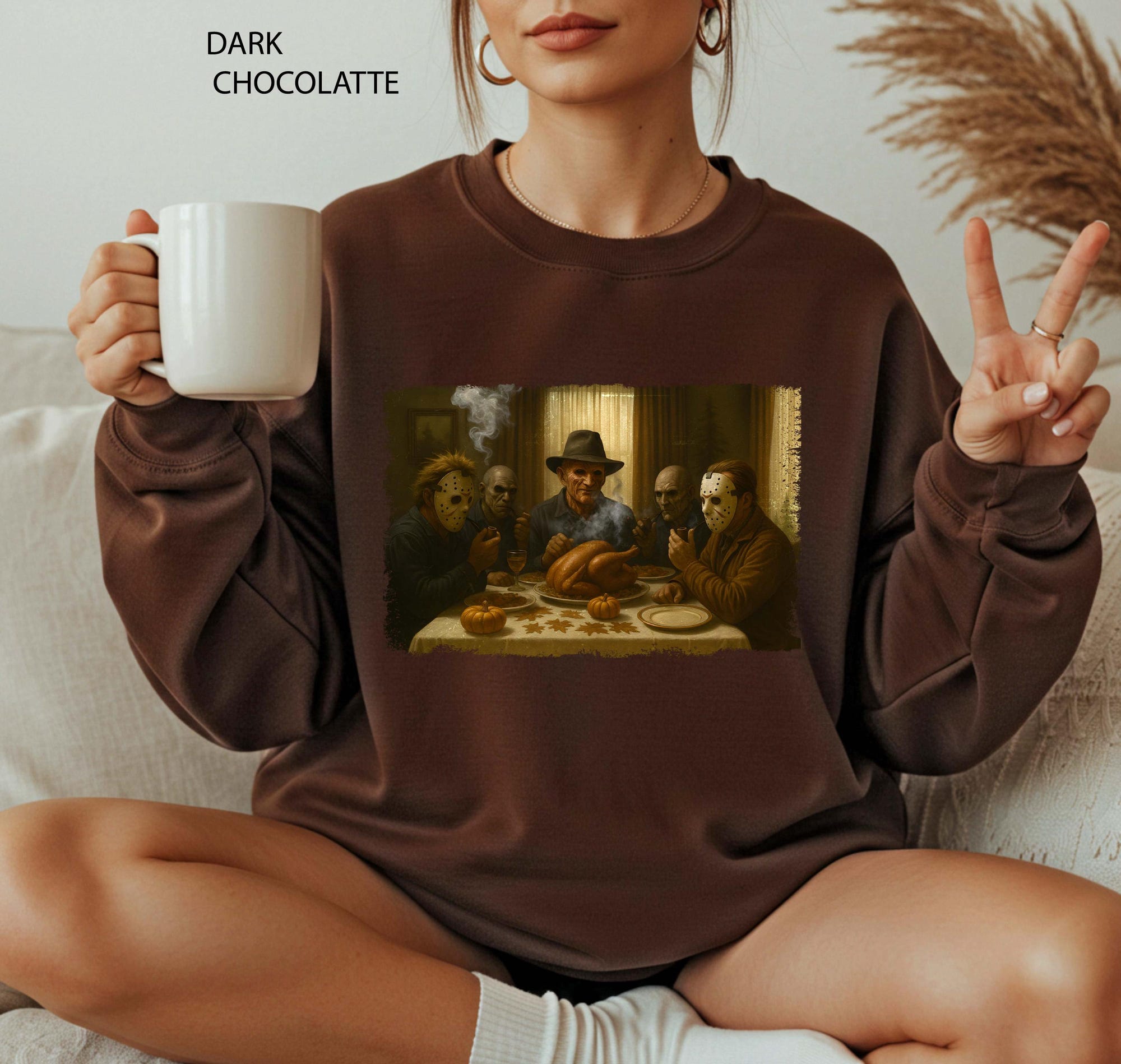 Murders Dinner Table Crewneck, Killers Thanksgiving Dinner Sweatshirt, Horror Movie Characters Halloween Hoodie, Horror Fall Pullover