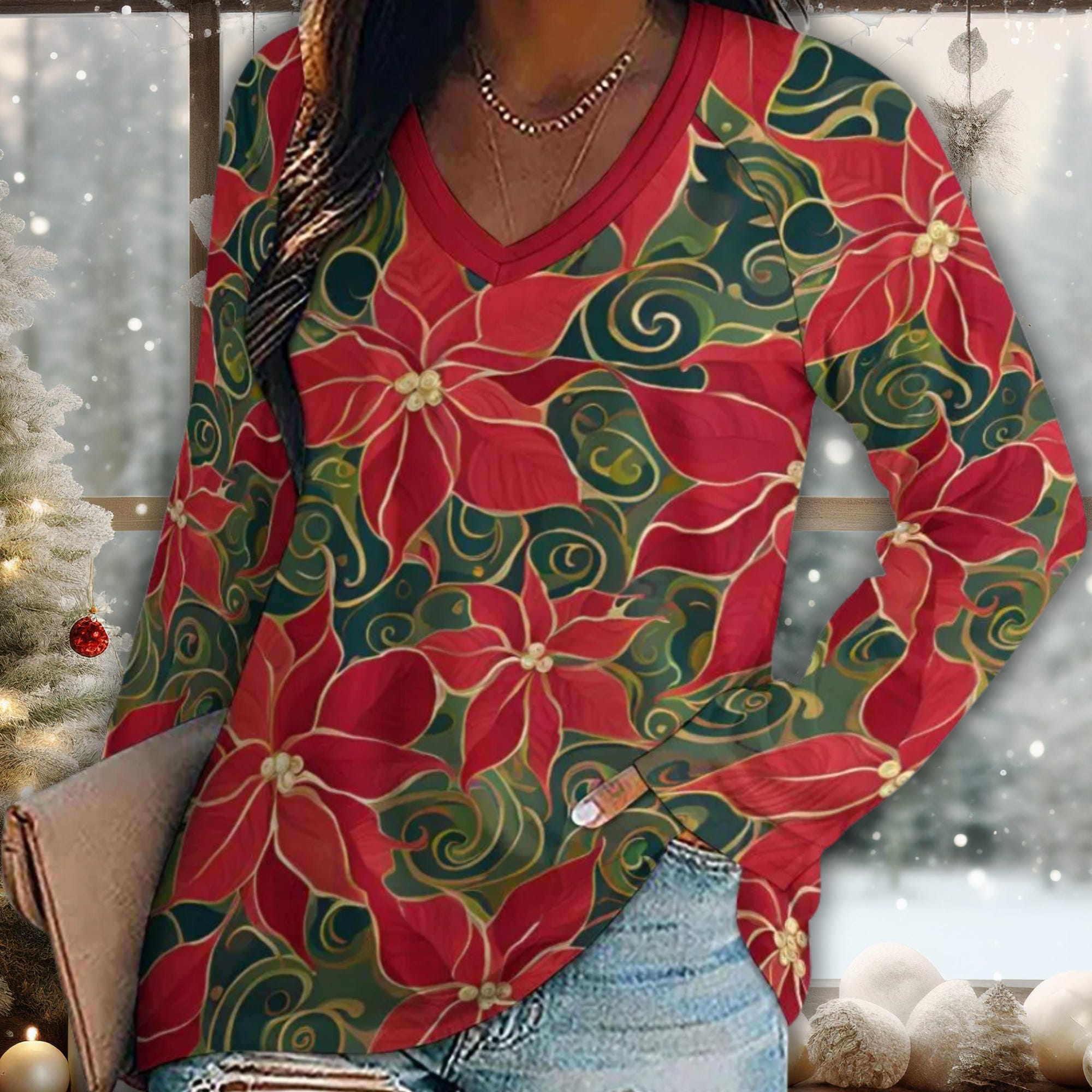 Christmas Women’s Long Sleeve Loose Fit V-Neck T-Shirt Ladies Soft Touch Poinsettia Holiday Blouse Red & Green Floral Pullover Top