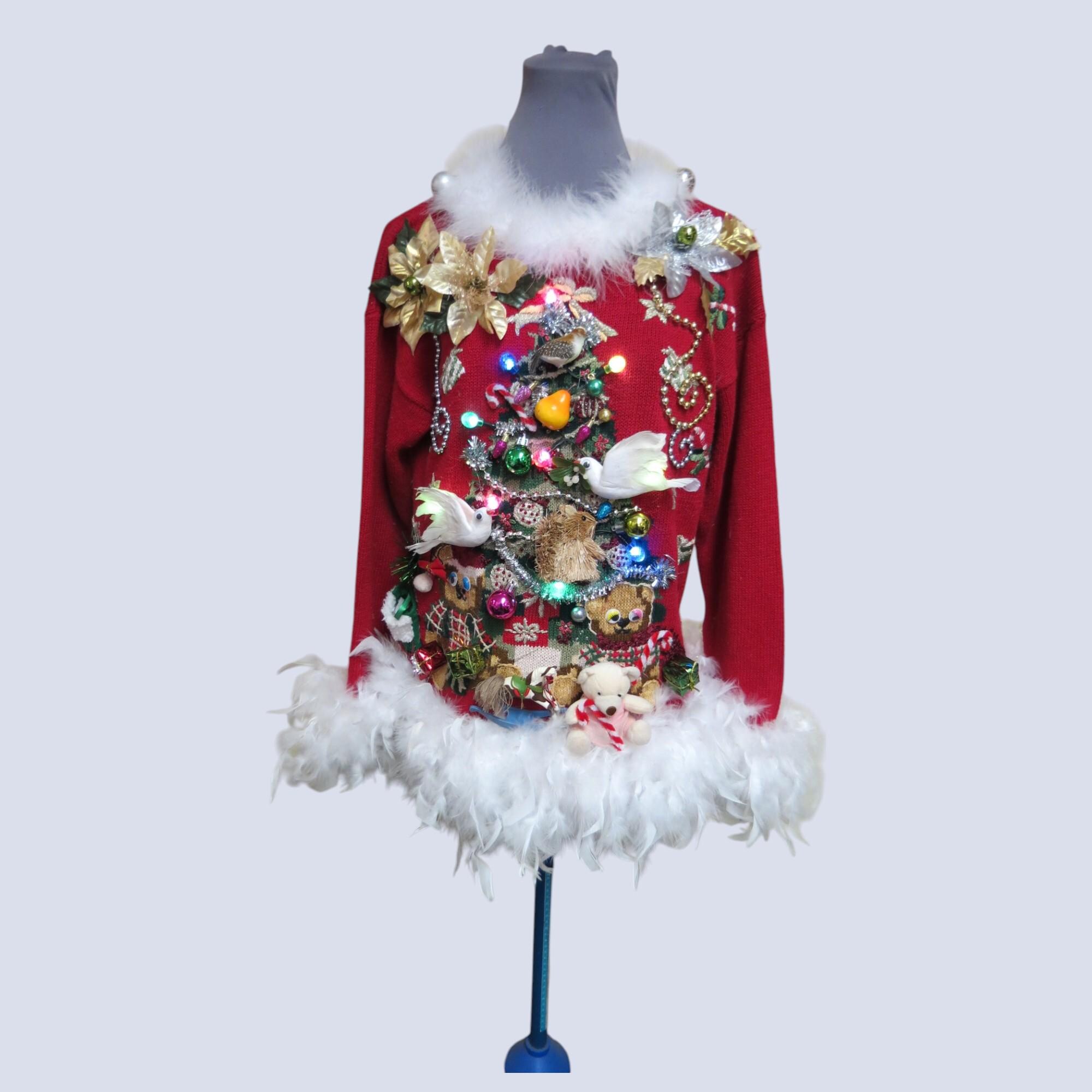 il_2000xN.6987388372_lh3g.jpg 2 Turtle Doves, a Partridge. a squirrel and Pear in a Christmas Tree Tacky Ugly Christmas Sweater Feathers Womens L, 12/14