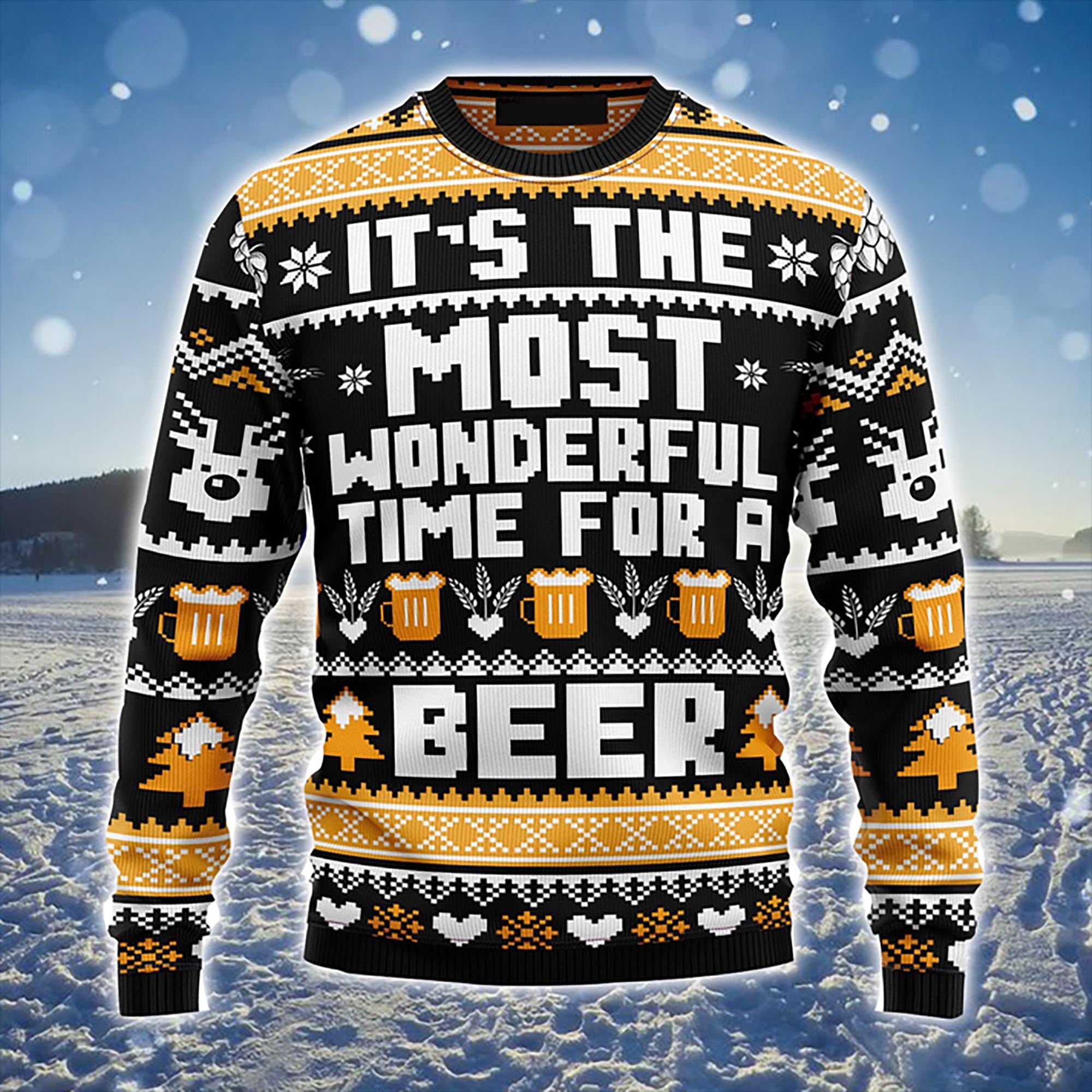 Beer Merry Christmas Ugly Christmas Sweater, Wonderful Time For A Beer Ugly Sweater, Perfect Gift For Beer Lovers