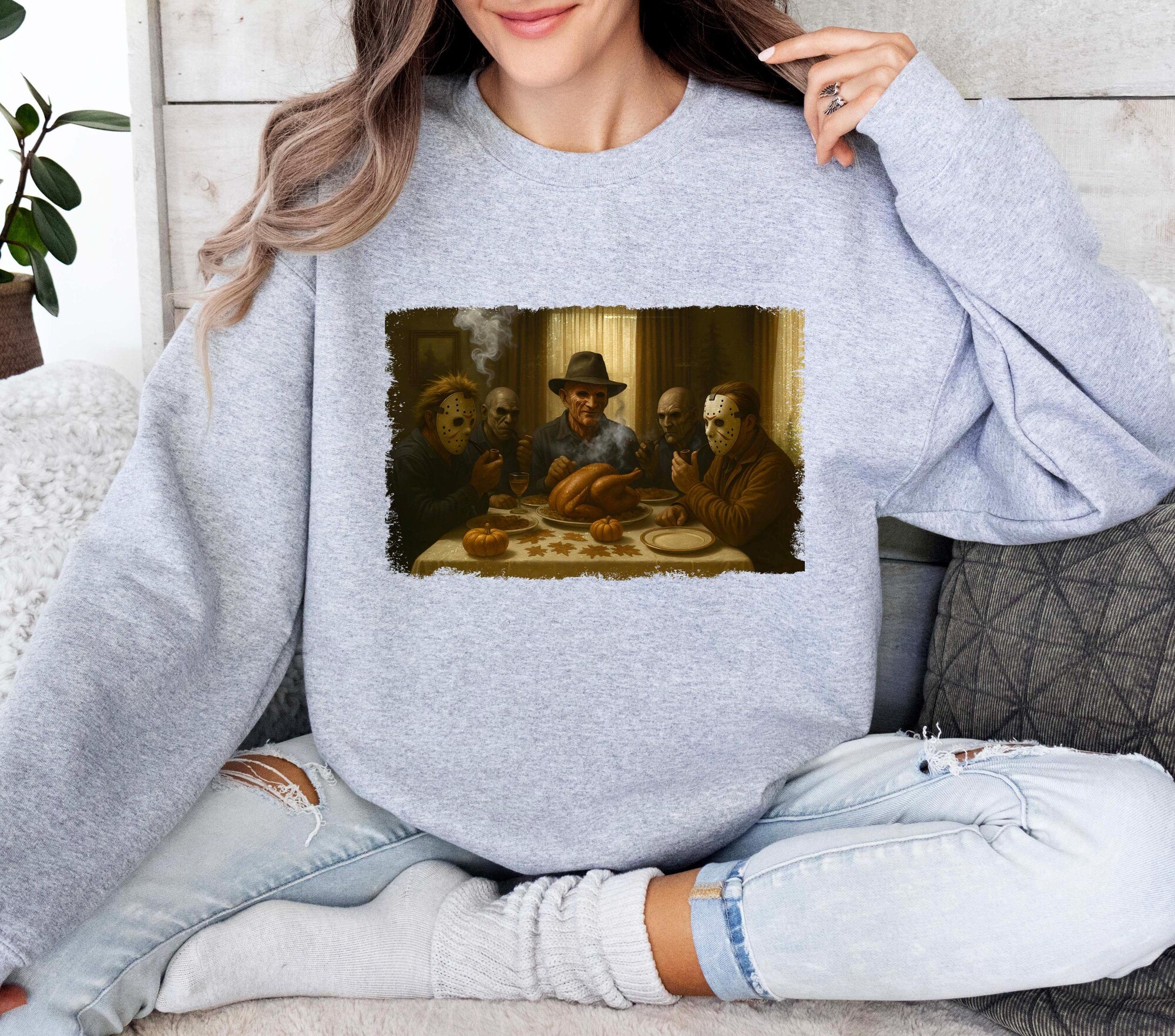 il_2000xN.7015489085_fla0.jpg Murders Dinner Table Crewneck, Killers Thanksgiving Dinner Sweatshirt, Horror Movie Characters Halloween Hoodie, Horror Fall Pullover