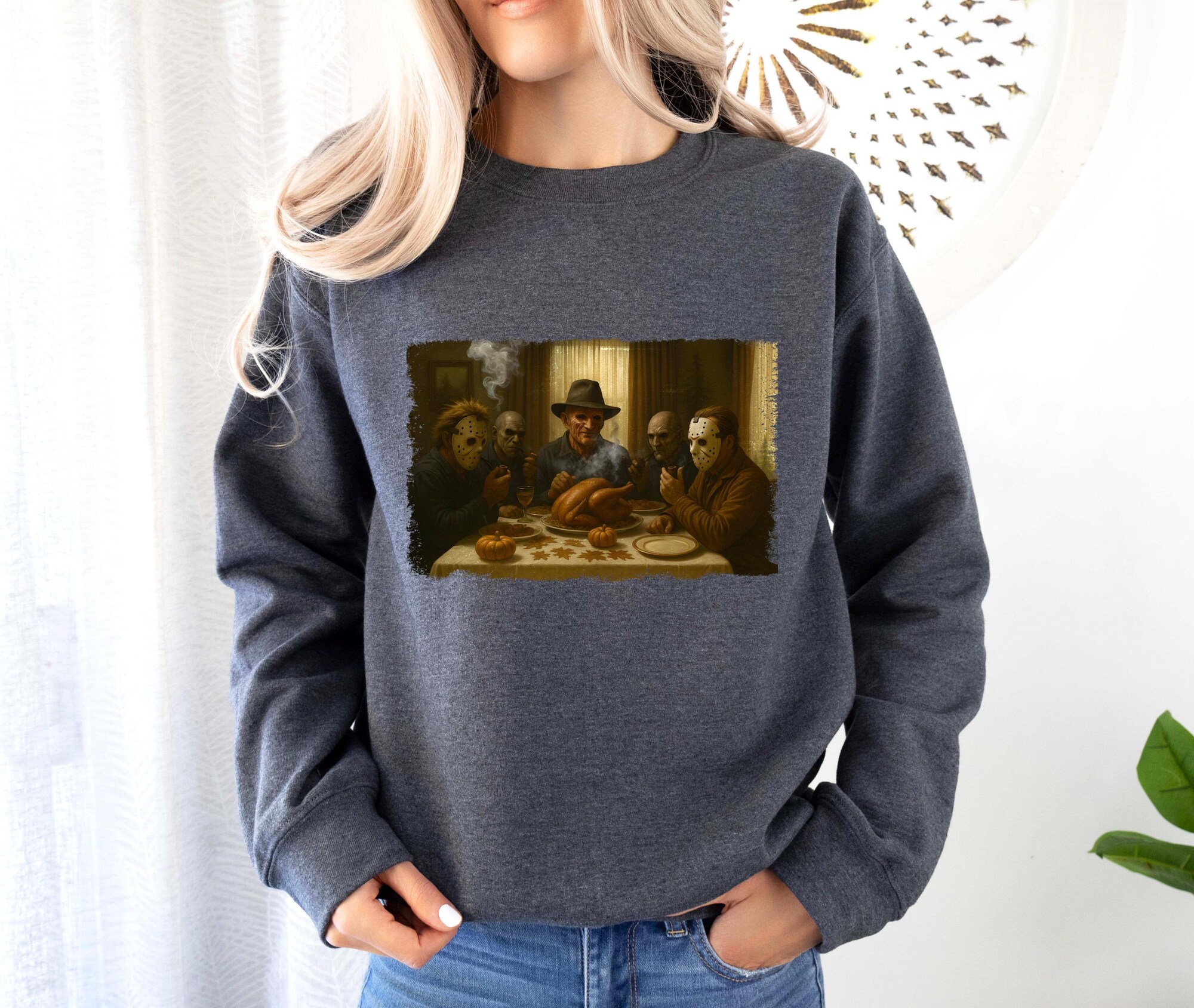 il_2000xN.7015489321_6etr.jpg Murders Dinner Table Crewneck, Killers Thanksgiving Dinner Sweatshirt, Horror Movie Characters Halloween Hoodie, Horror Fall Pullover