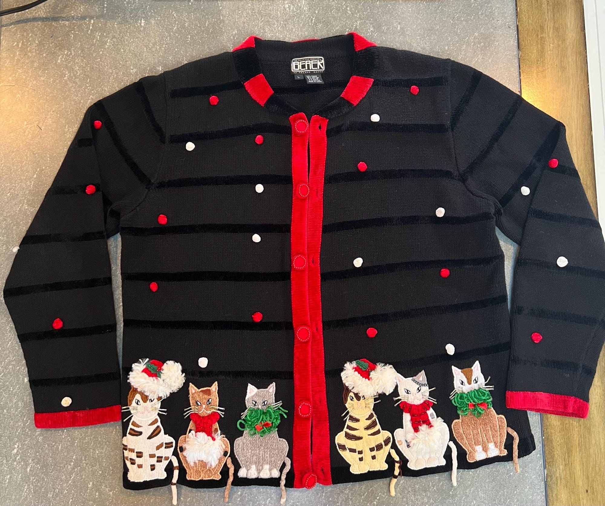 Vintage 90s Berek Cat Christmas Cardigan Sweater Womens Large Festive Kitty Multicolor Holiday