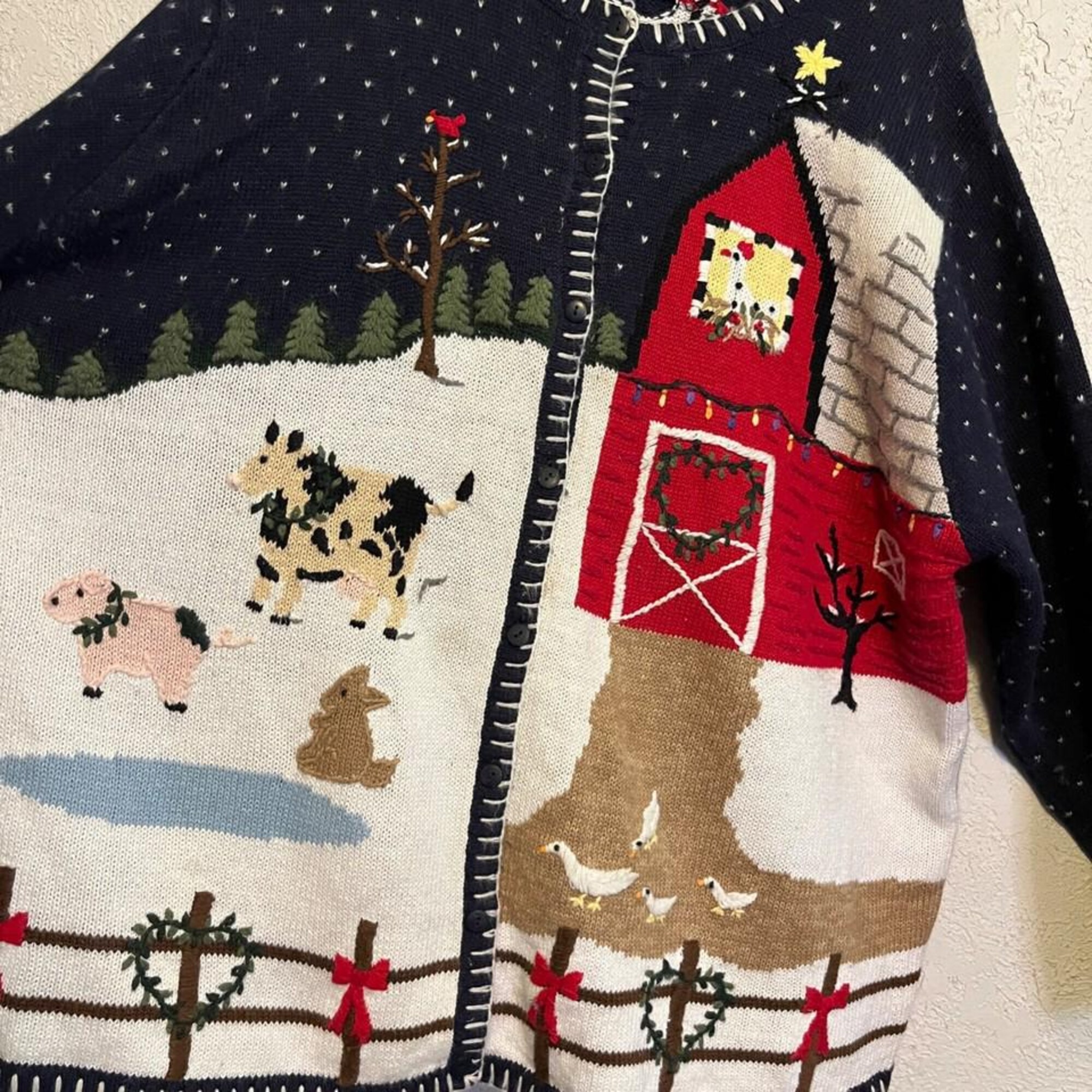 il_2000xN.7031596366_s3g6.jpg Vintage Quacker Factory Cardigan Sweater Womens 3X Overall Christmas Farm Graphics