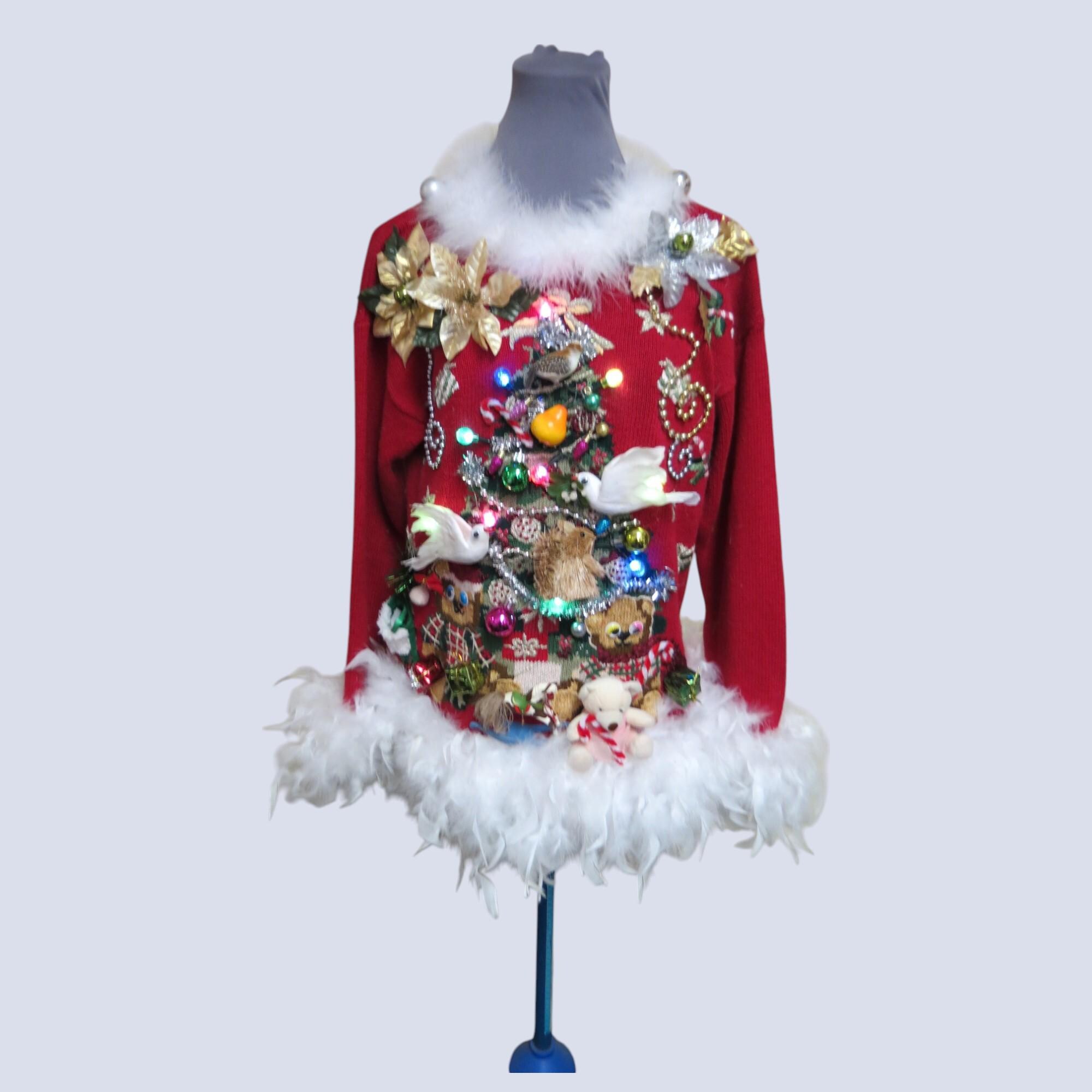 2 Turtle Doves, a Partridge. a squirrel and Pear in a Christmas Tree Tacky Ugly Christmas Sweater Feathers Womens L, 12/14