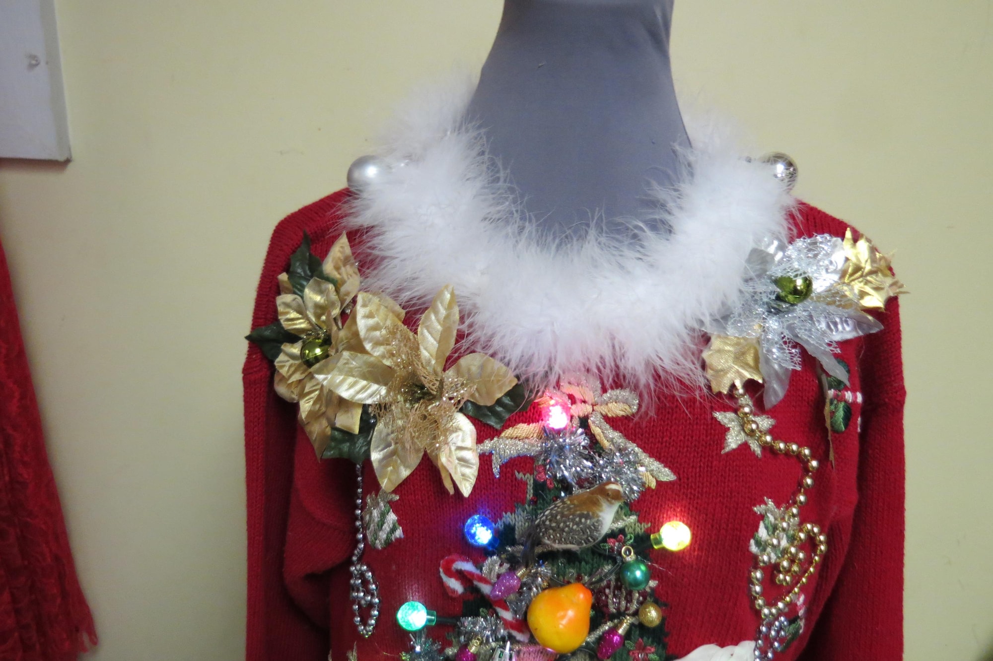 il_2000xN.7035365623_41zx.jpg 2 Turtle Doves, a Partridge. a squirrel and Pear in a Christmas Tree Tacky Ugly Christmas Sweater Feathers Womens L, 12/14