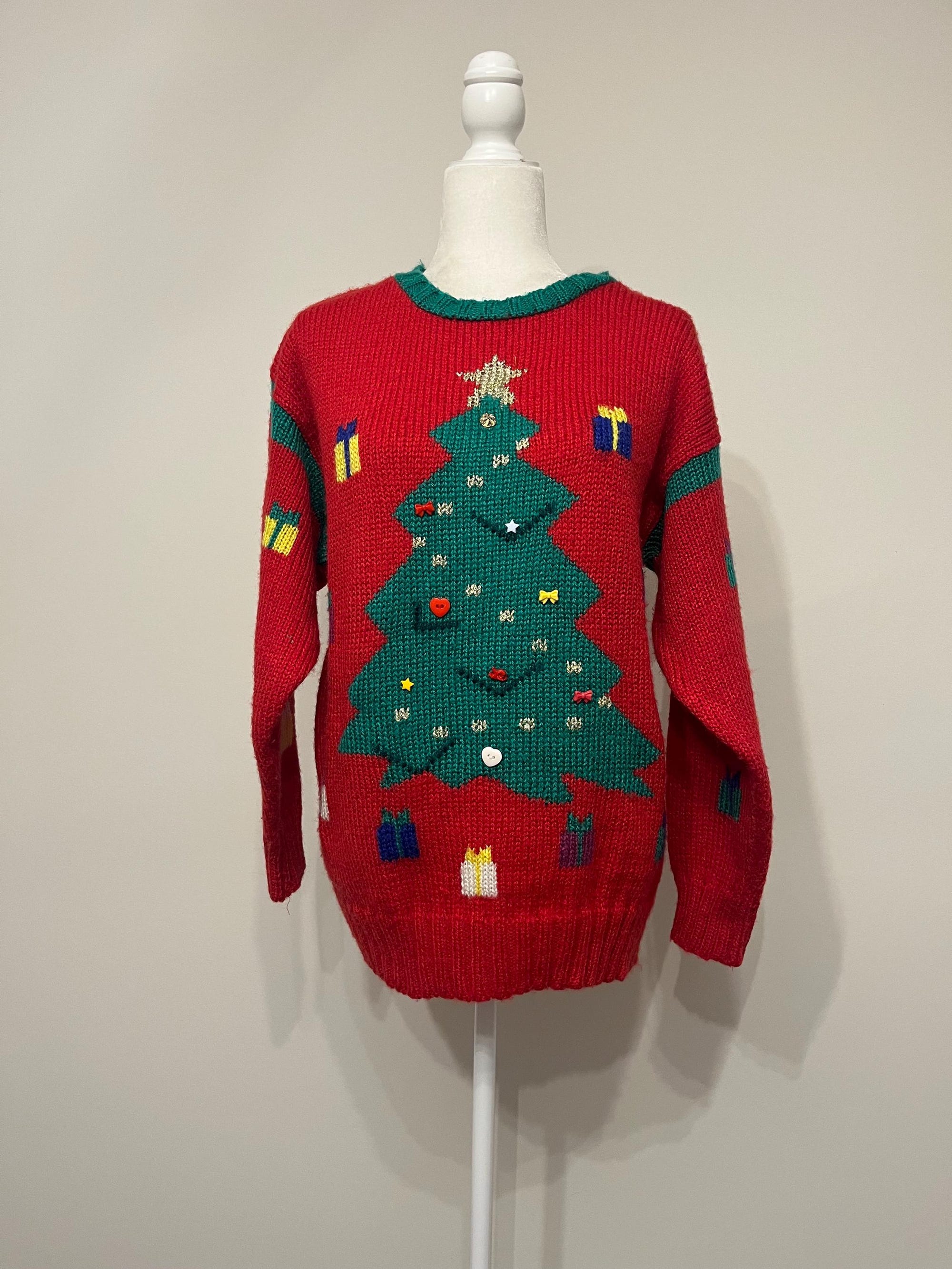80s Christmas sweater, Hunters Run by The Limited holiday sweater, acrylic Christmas tree sweater, holiday party embellished Xmas sweater, M