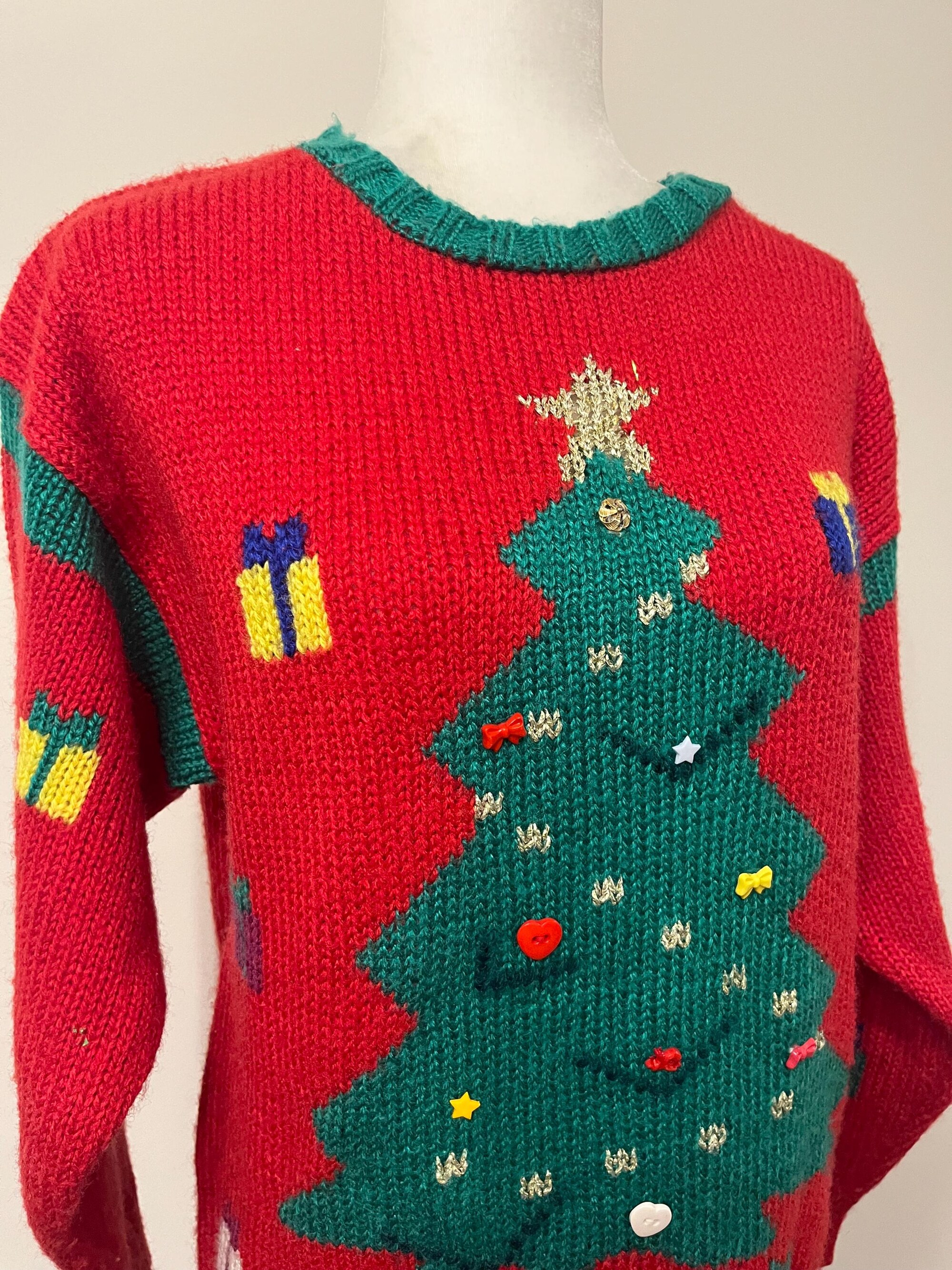 il_2000xN.7037804637_1k09.jpg 80s Christmas sweater, Hunters Run by The Limited holiday sweater, acrylic Christmas tree sweater, holiday party embellished Xmas sweater, M