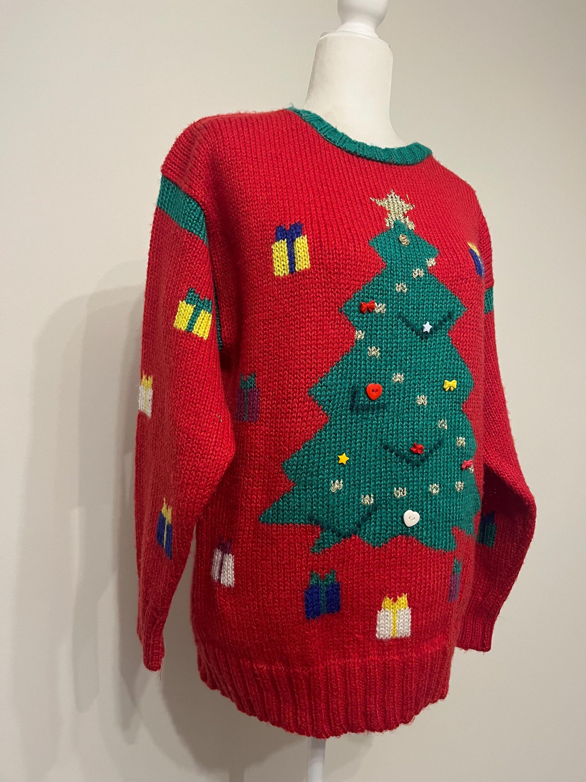 il_2000xN.7037805057_i9to.jpg 80s Christmas sweater, Hunters Run by The Limited holiday sweater, acrylic Christmas tree sweater, holiday party embellished Xmas sweater, M