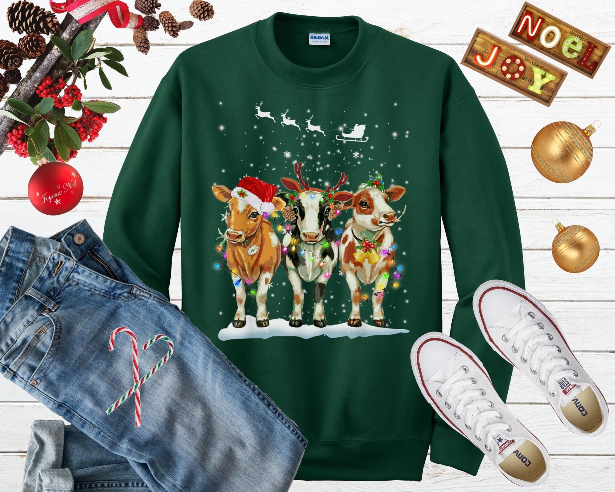 Cow Christmas Lights Ugly Christmas Sweater Funny Heifers Christmas Shirt Cow Holiday Sweater Cow Lover Xmas Gift Farm Christmas Sweatshirt