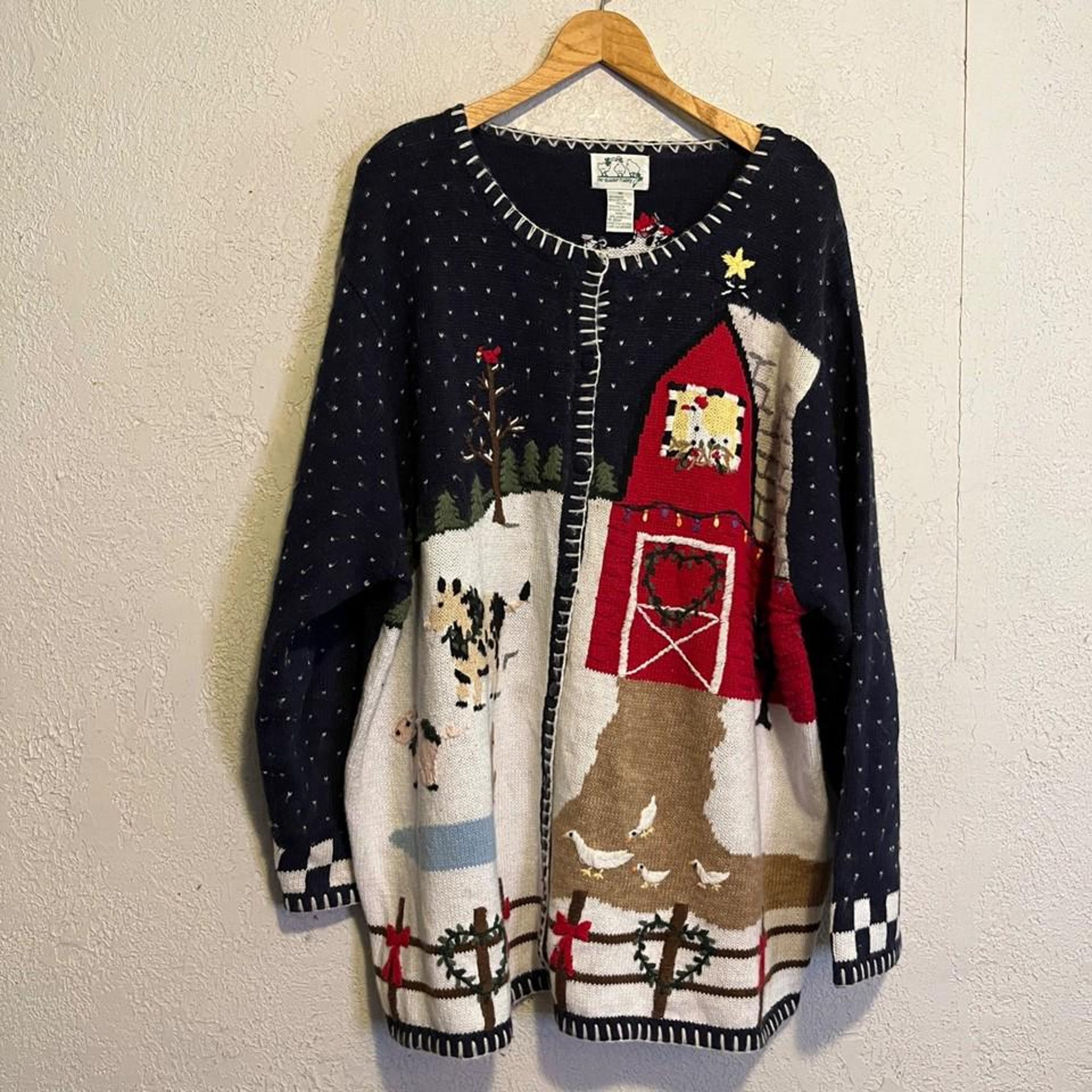 Vintage Quacker Factory Cardigan Sweater Womens 3X Overall Christmas Farm Graphics