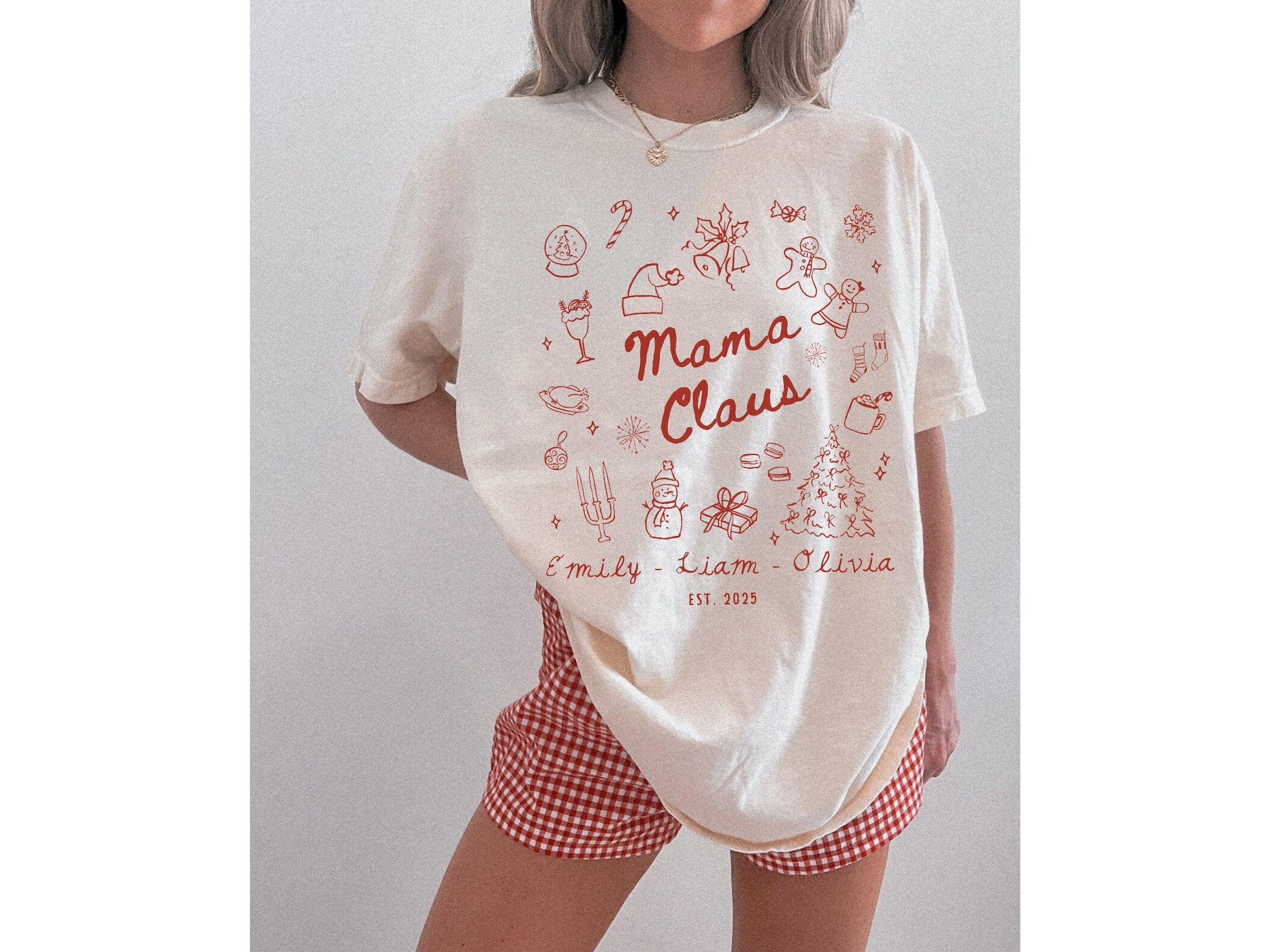 Comfort Colors® Mama Claus Shirt Custom Kids Names Christmas Mom Shirt Xmas Mama Shirt Holiday Mommy T-Shirt Family Christmas Grandma Shirt