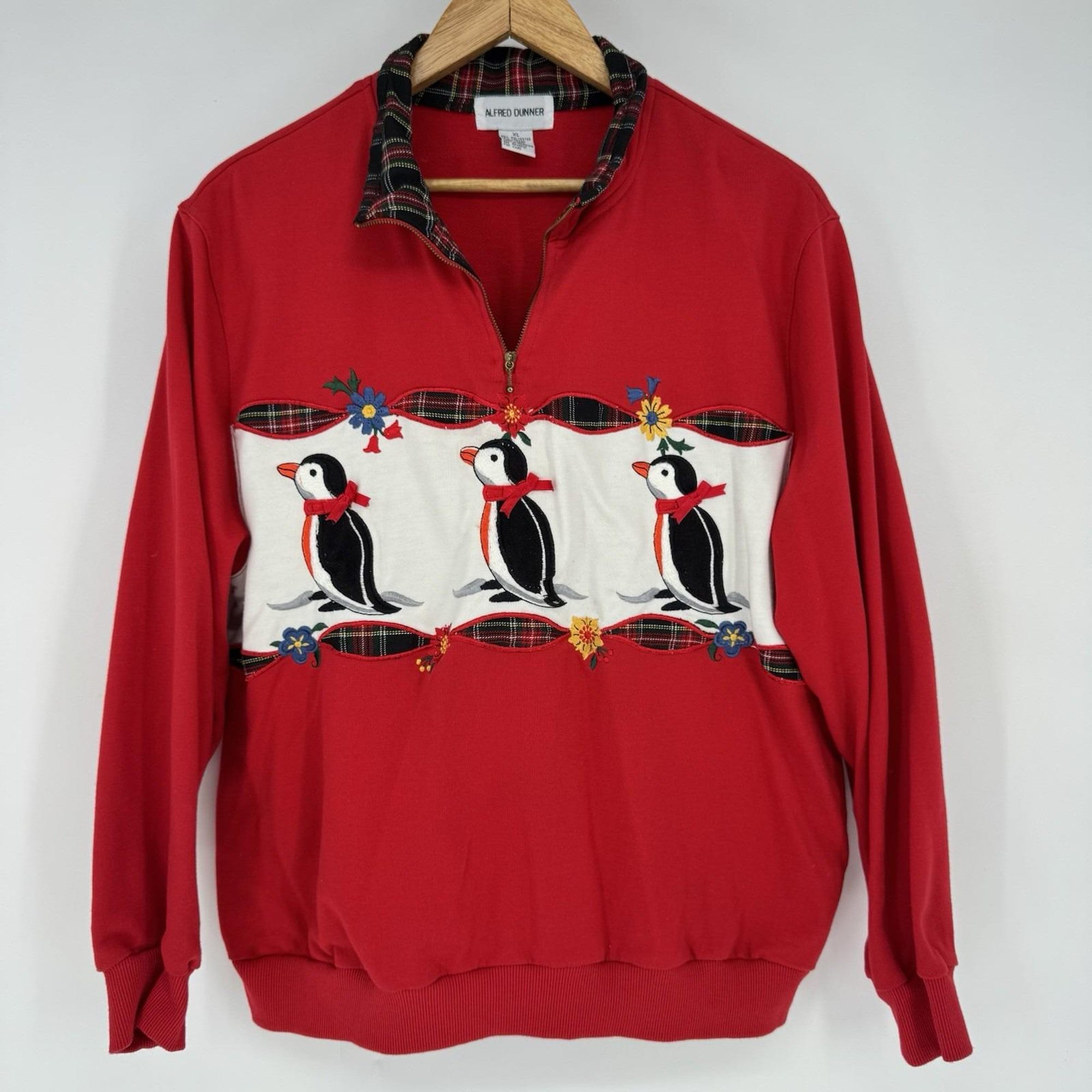 Vintage Ugly Christmas Sweater Women’s Size XL Quarter Zip Embroidered Penguins