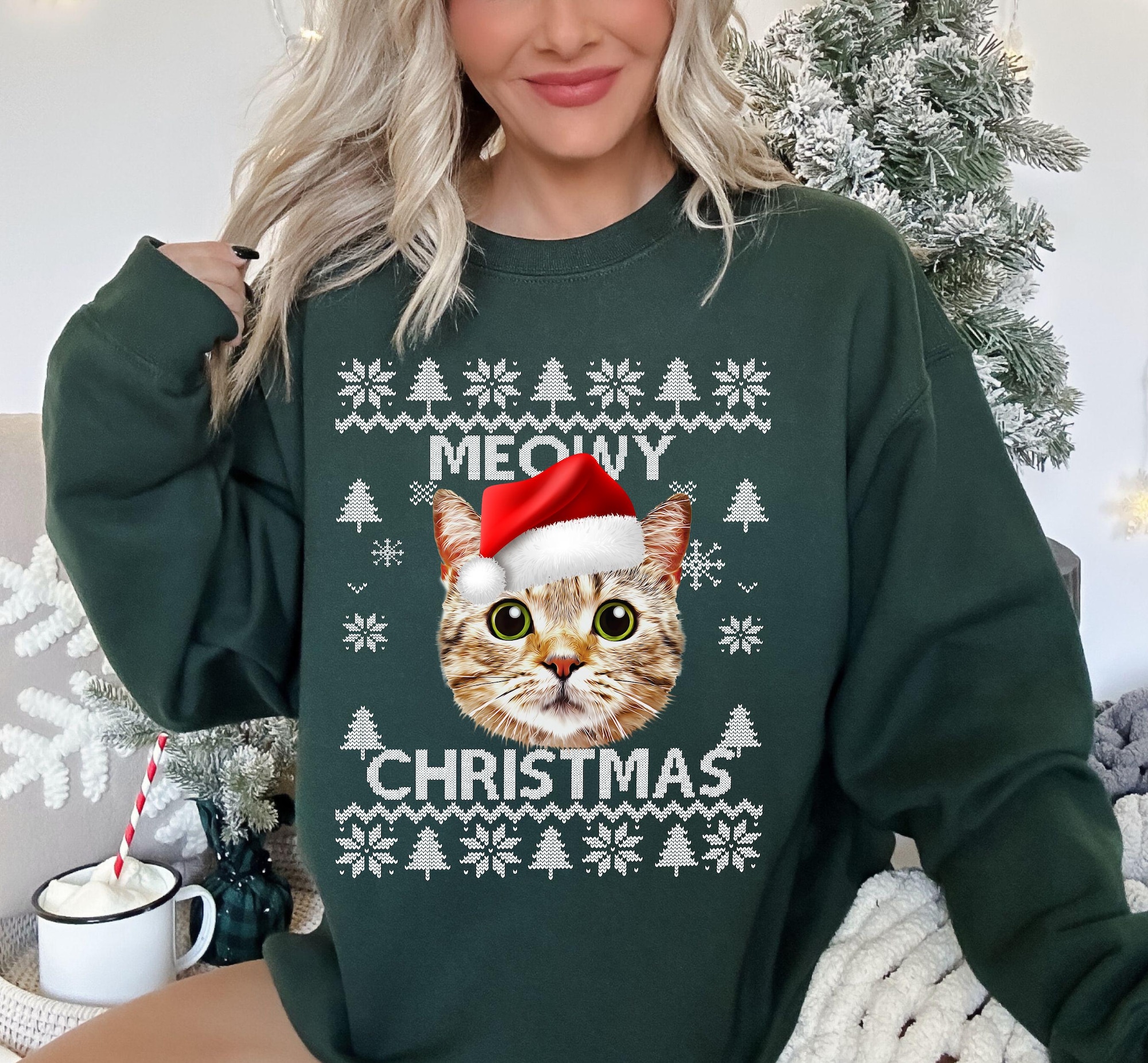 Meowy Christmas Sweater, personalized cat on sweater, Funny Ugly Xmas Sweater, Custom Christmas Gift for Cat Owners Cat mom dad sweater gift