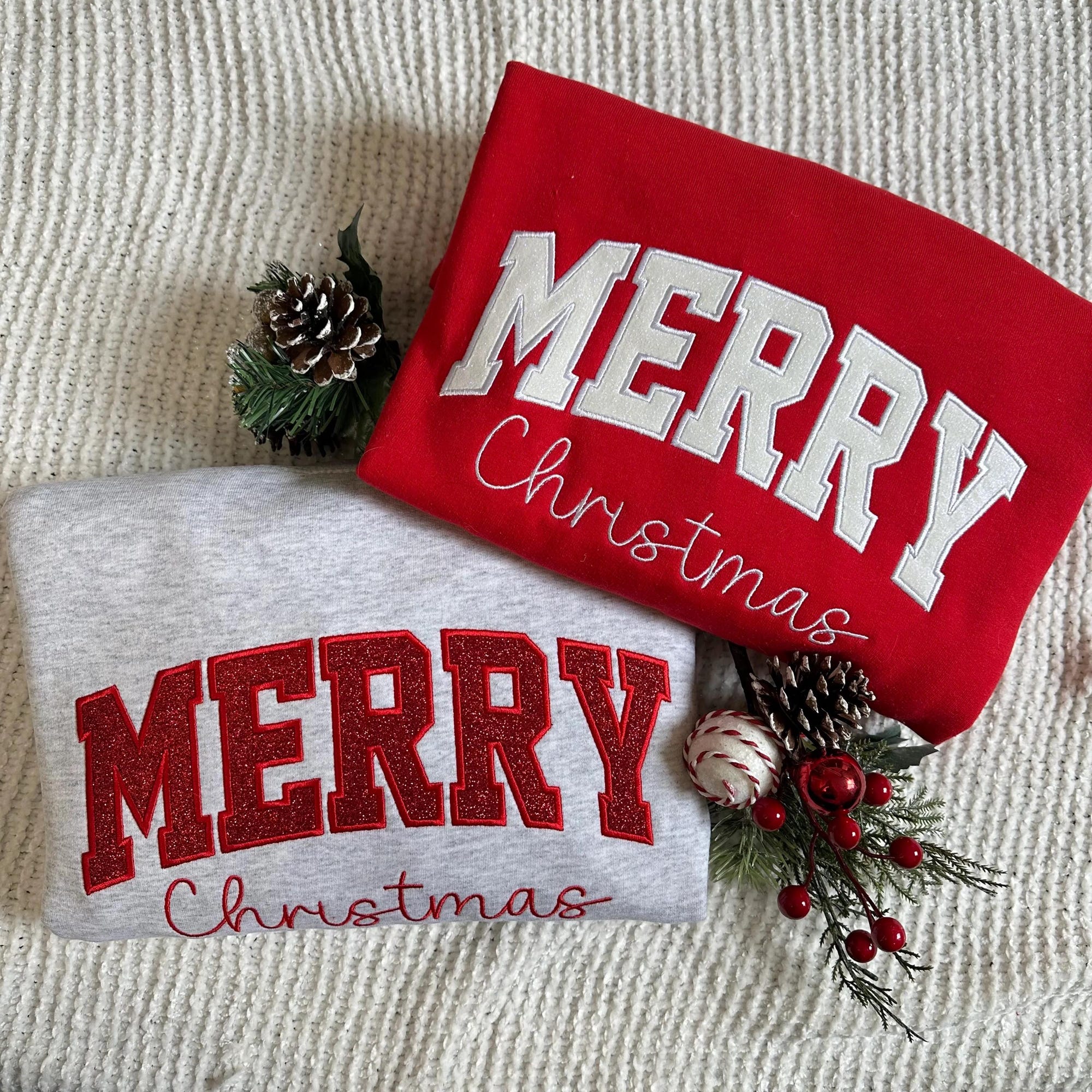 Merry Christmas Appliqué Embroidered Sweatshirt Glitter  Gift Holiday Red Grey Holiday Crewneck Embroidery