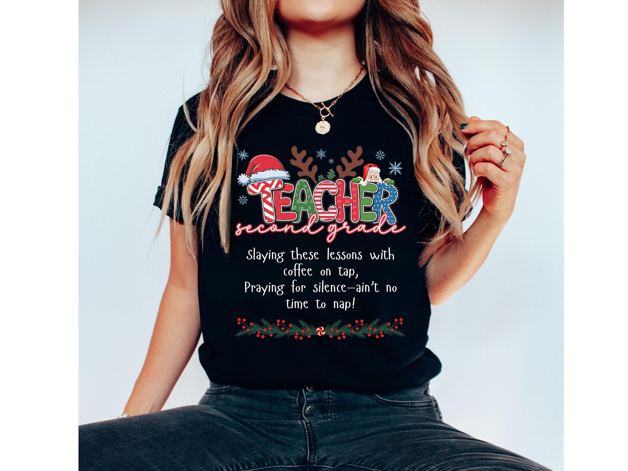 Funny Second Grade Christmas Teacher Shirt: Holiday Matching Tee