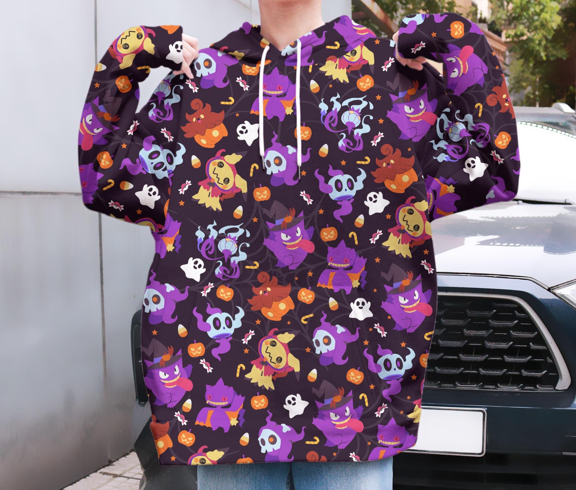 il_2000xN.7119299317_rl9p-2.jpg Gengar and Mimikyu Hoodie, Cute Halloween Shirt, Funny Ghost Hoodie, Spooky Kawaii Sweatshirt, Halloween Shirt, Gengar Shirt Gift