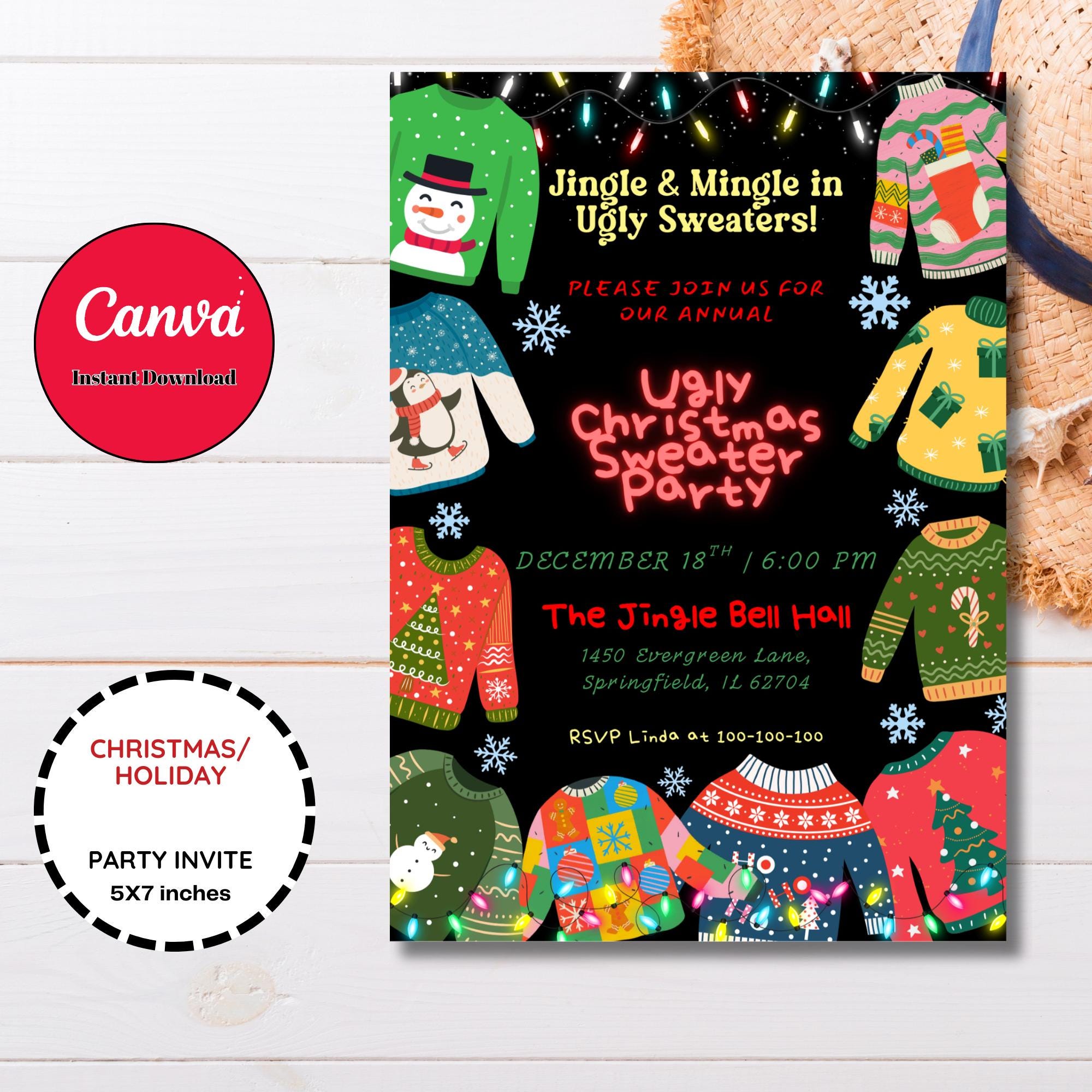 il_2000xN.7127195672_a9t1.jpg Editable Black Ugly Sweater Christmas Party Invitation Template, Printable Ugly Sweater Party Invite, Christmas Ugly Sweater Evite