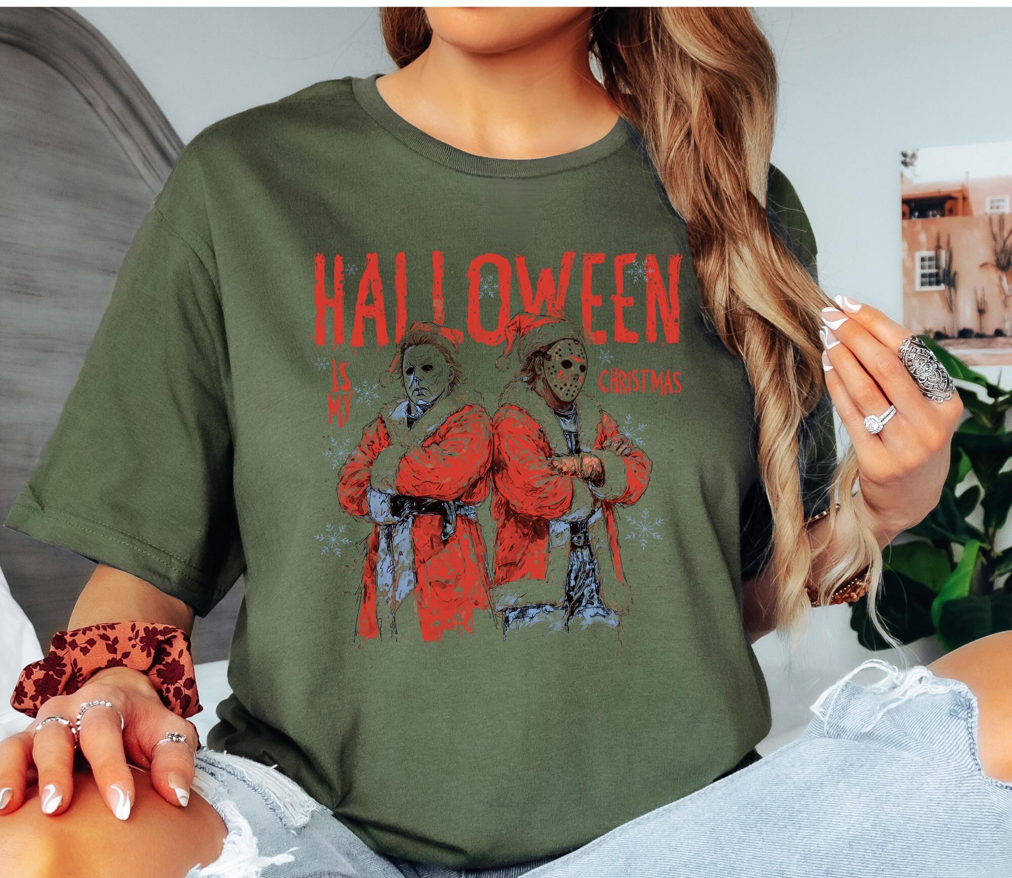 il_2000xN.7130292162_8288-1.jpg Halloween Christmas T-Shirt, Horror Movie Holiday Tee, Funny Killer Character Scary Shirt