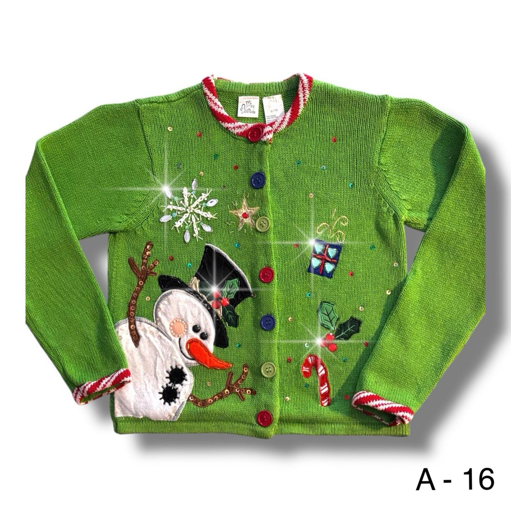 Ugly Christmas Sweater Miss Attitude Girls Sz S 7/8 Beaded Green Candy Cane Trim