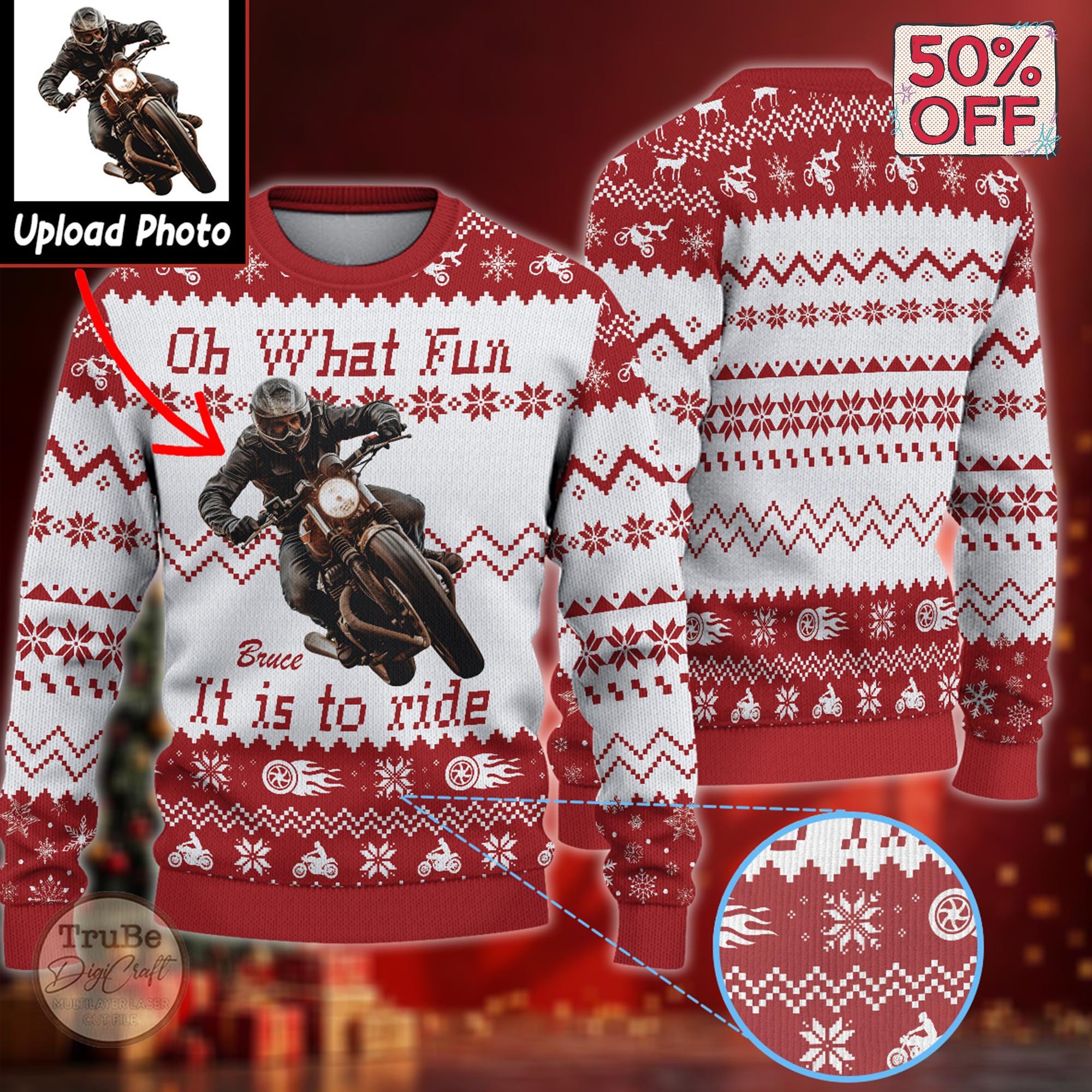 Personalized Photo Biker Christmas Sweater: Custom Ugly Holiday Pullover