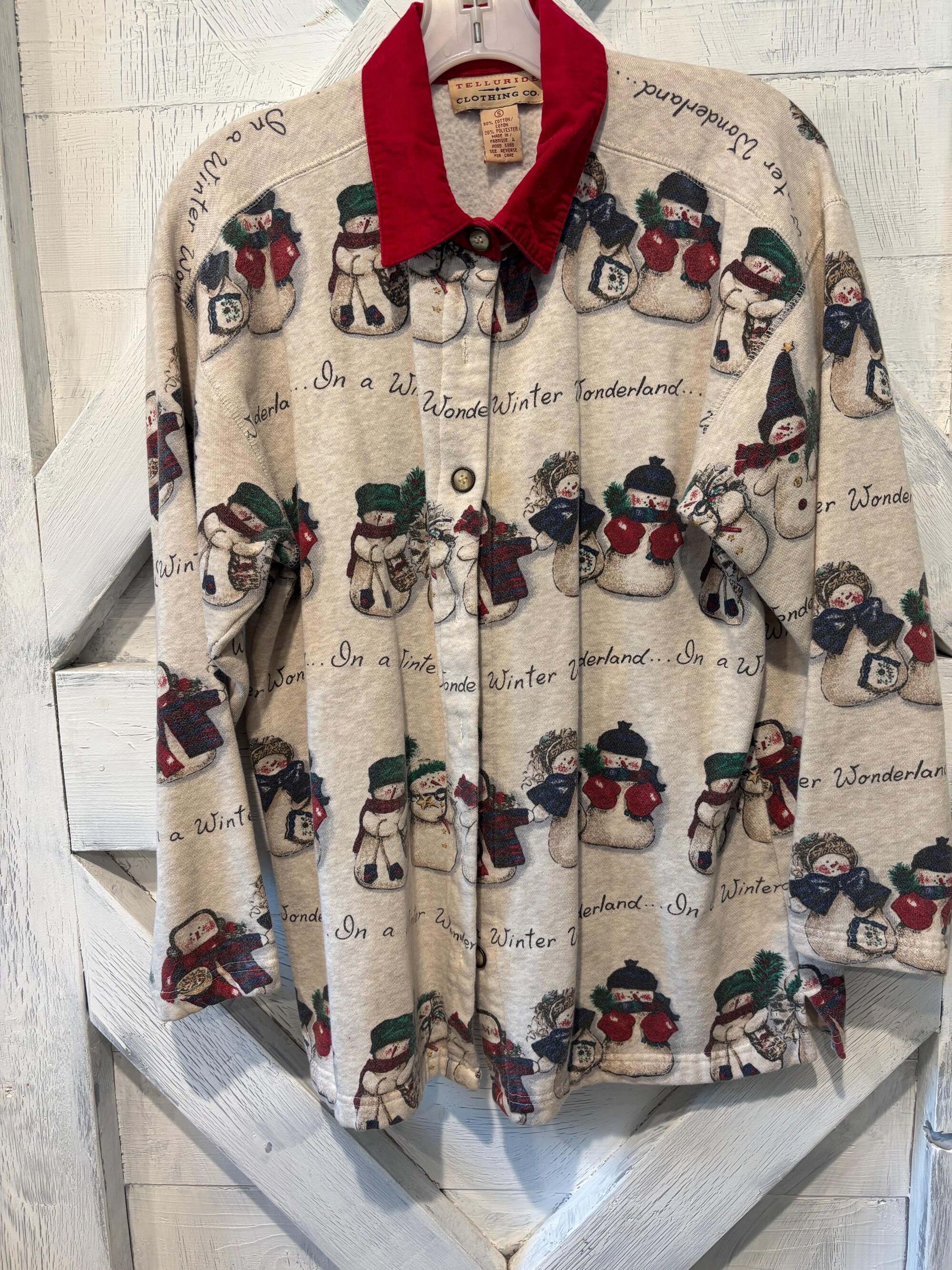 Christmas button down sweatshirt, fleece lined, telluride clothing, size S