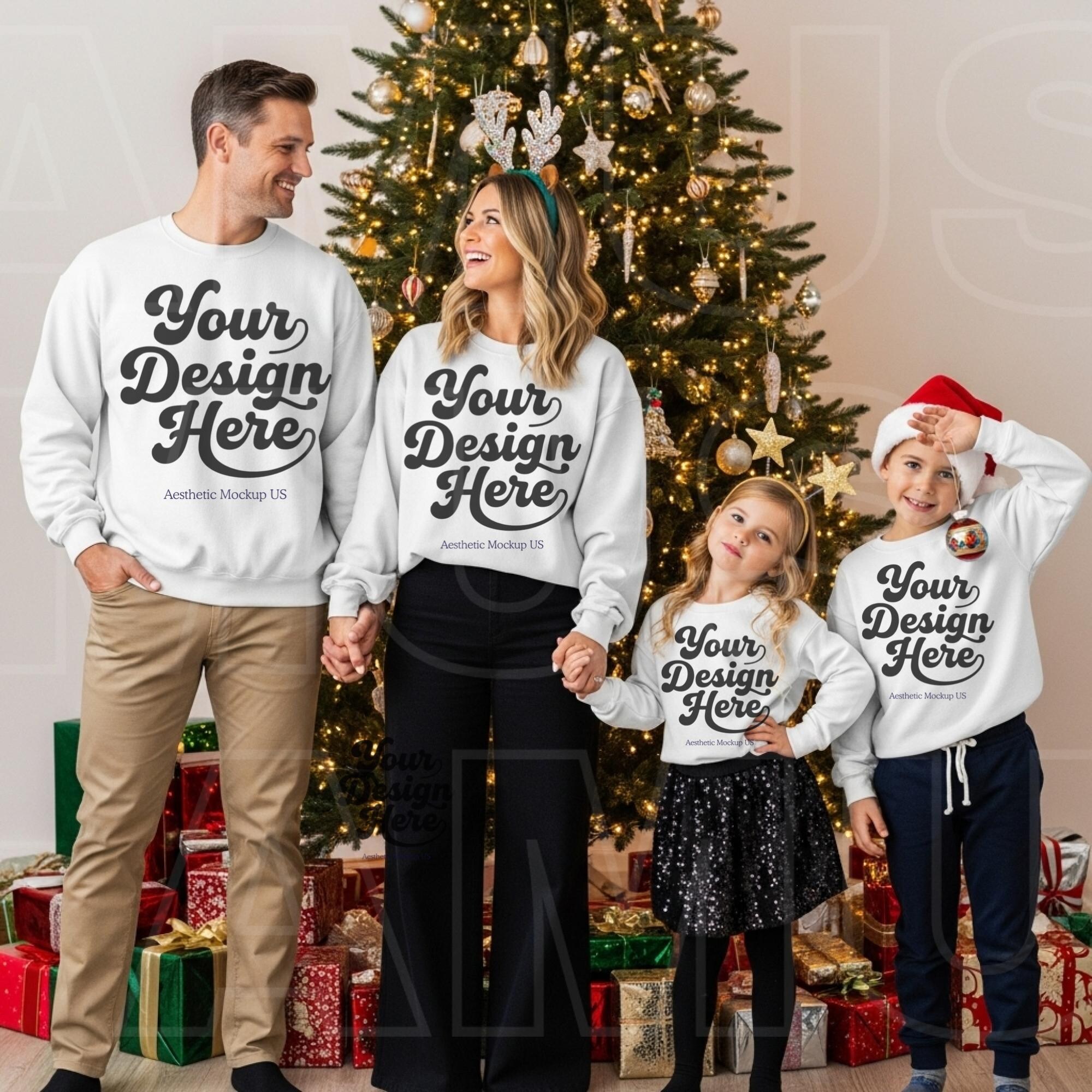 White Gildan 18000 Family of Four Mockup | G18000 Parents Kids Crewneck| Family Holiday Christmas Sweatshirt Mock-up Boy Girl Matching