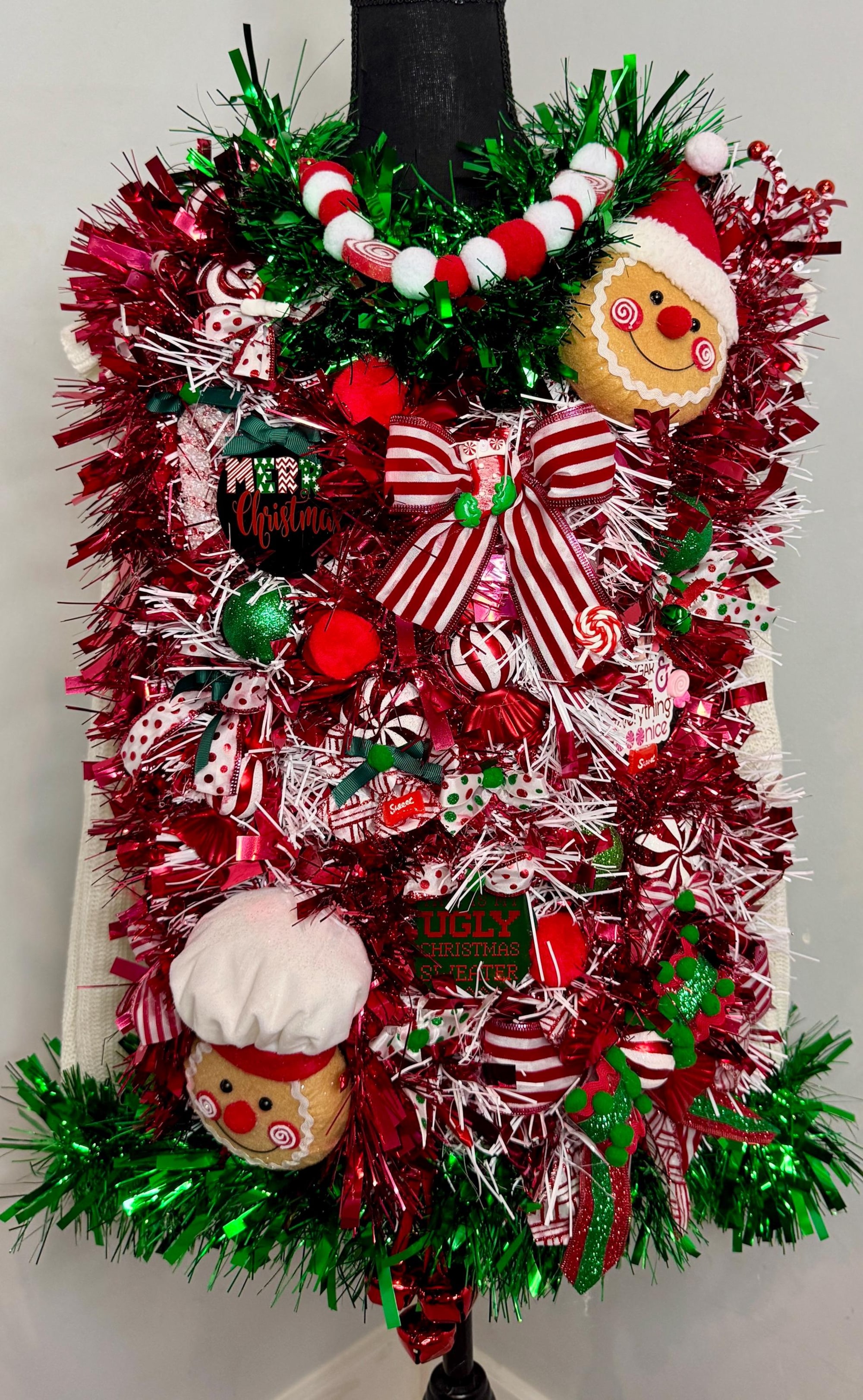 Upcycled Tacky, Gaudy Sparkling Candy Cane Theme Ugly Christmas Sweater , Pretty Ugly, Xmas Party, Handmade, one of a kind.   Large