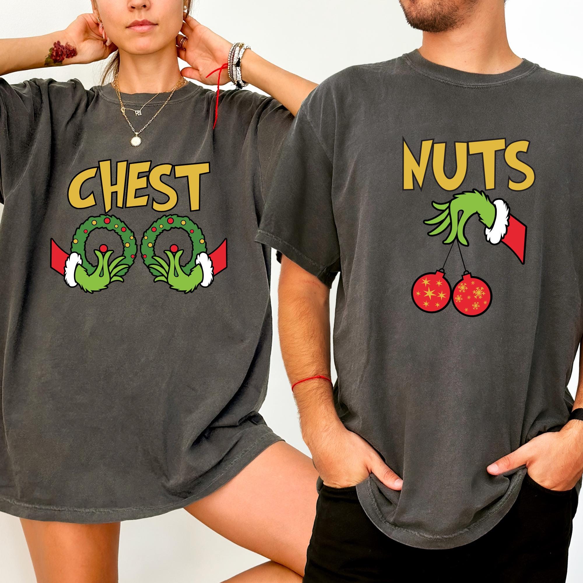 Comfort Colors Chest And Nuts Couples Christmas Shirt, Sarcastic Christmas Shirt, Couple Christmas Humor Tee, Matching Couple Christmas Tees