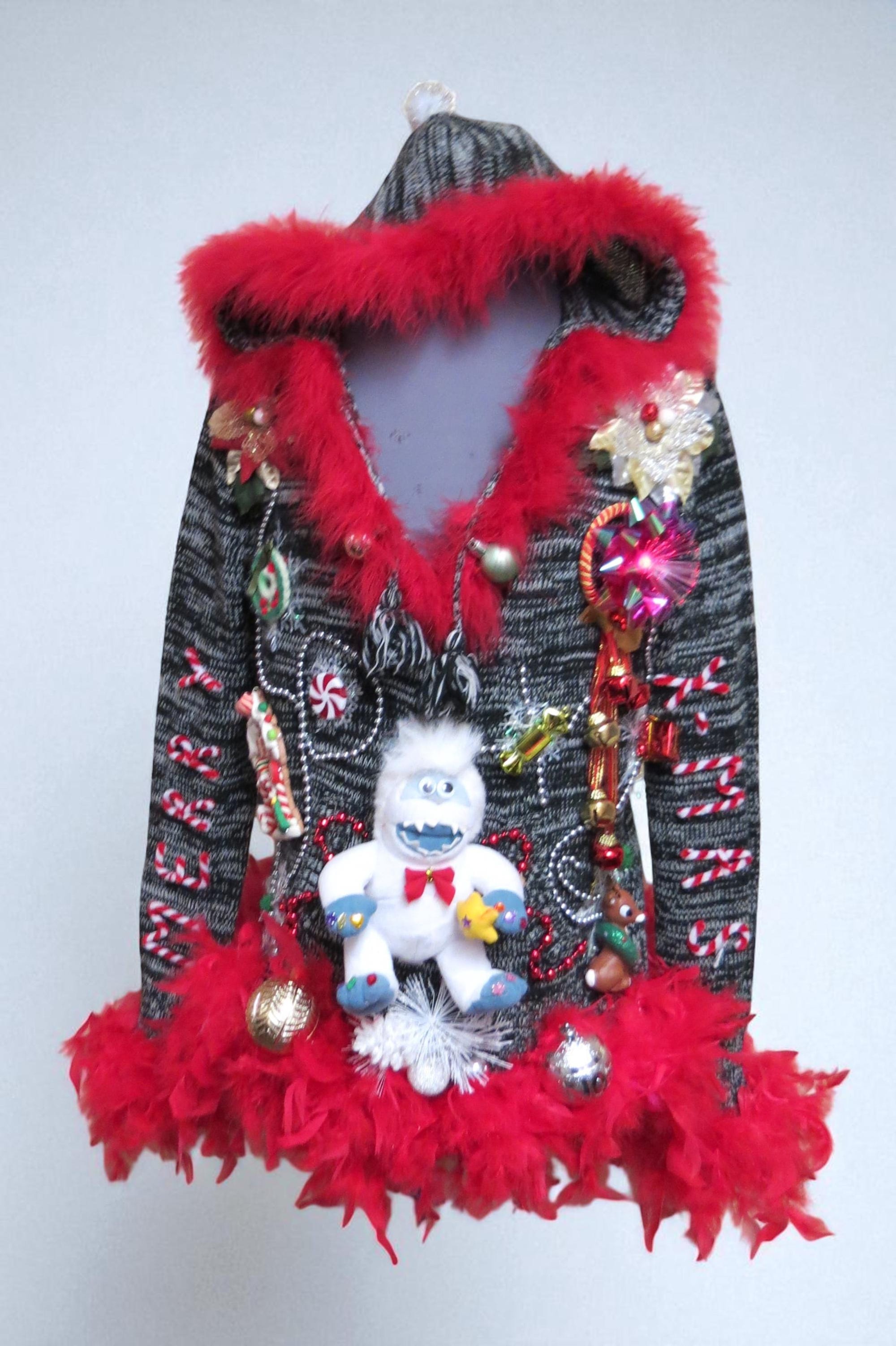 Pixie 3-d Tacky Ugly Christmas Sweater Juniors Large/ 15-17 Womens Small Hooded, FooFoo Feather Trim, Mini Dress, Yeti Sweater
