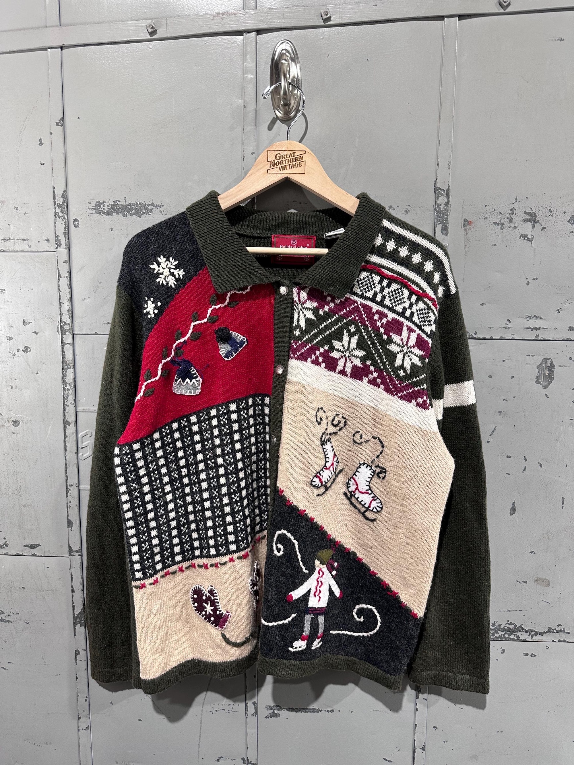 Y2K 2000s Holiday Lodge Christmas Patchwork Design Embroidered Picture Knit Button Up Cardigan Sweater XL