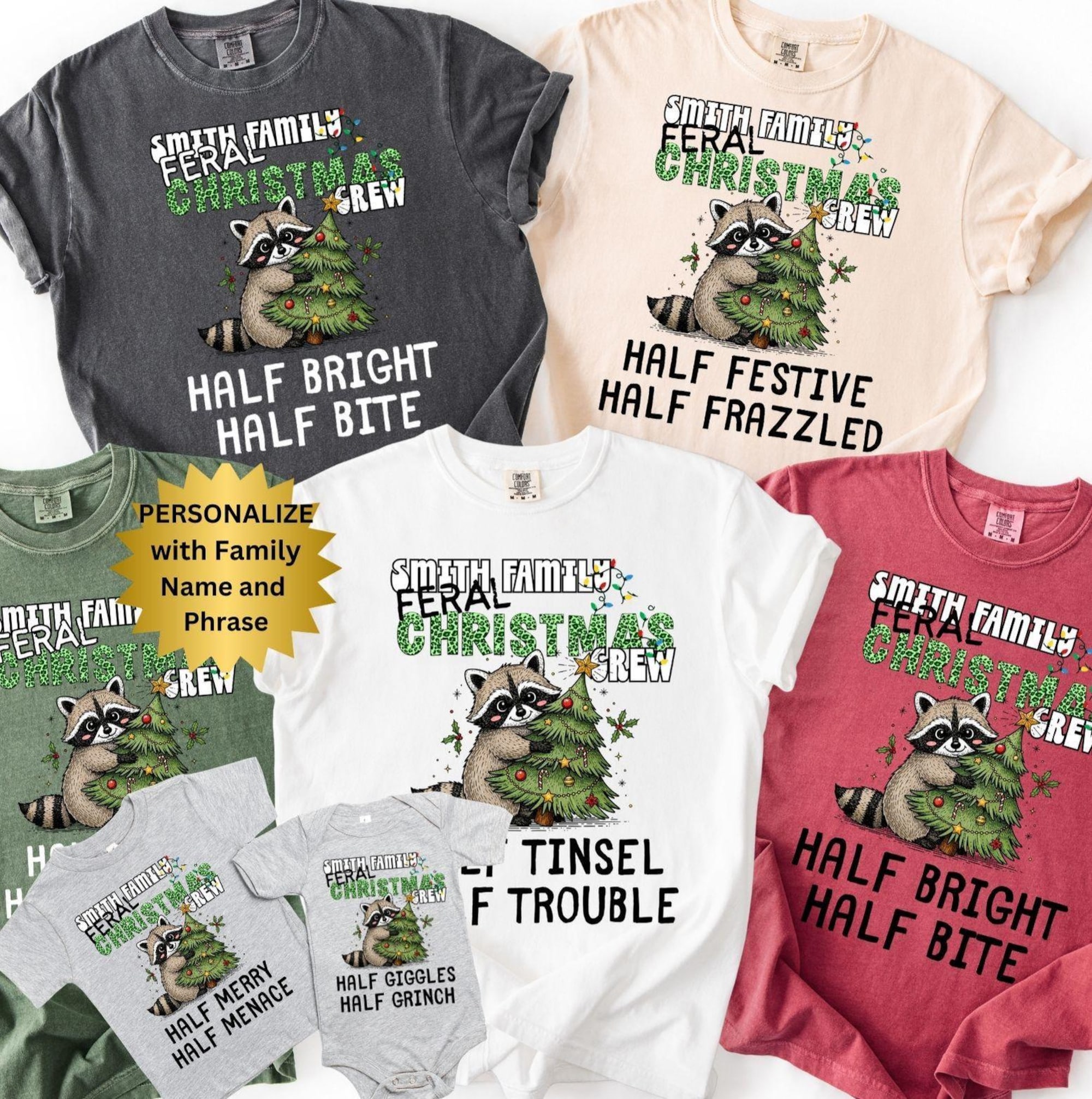 Comfort Colors Custom Family Christmas Shirts, Personalized Group Christmas Tee, Funny Feral Raccoon Matching Xmas tshirt